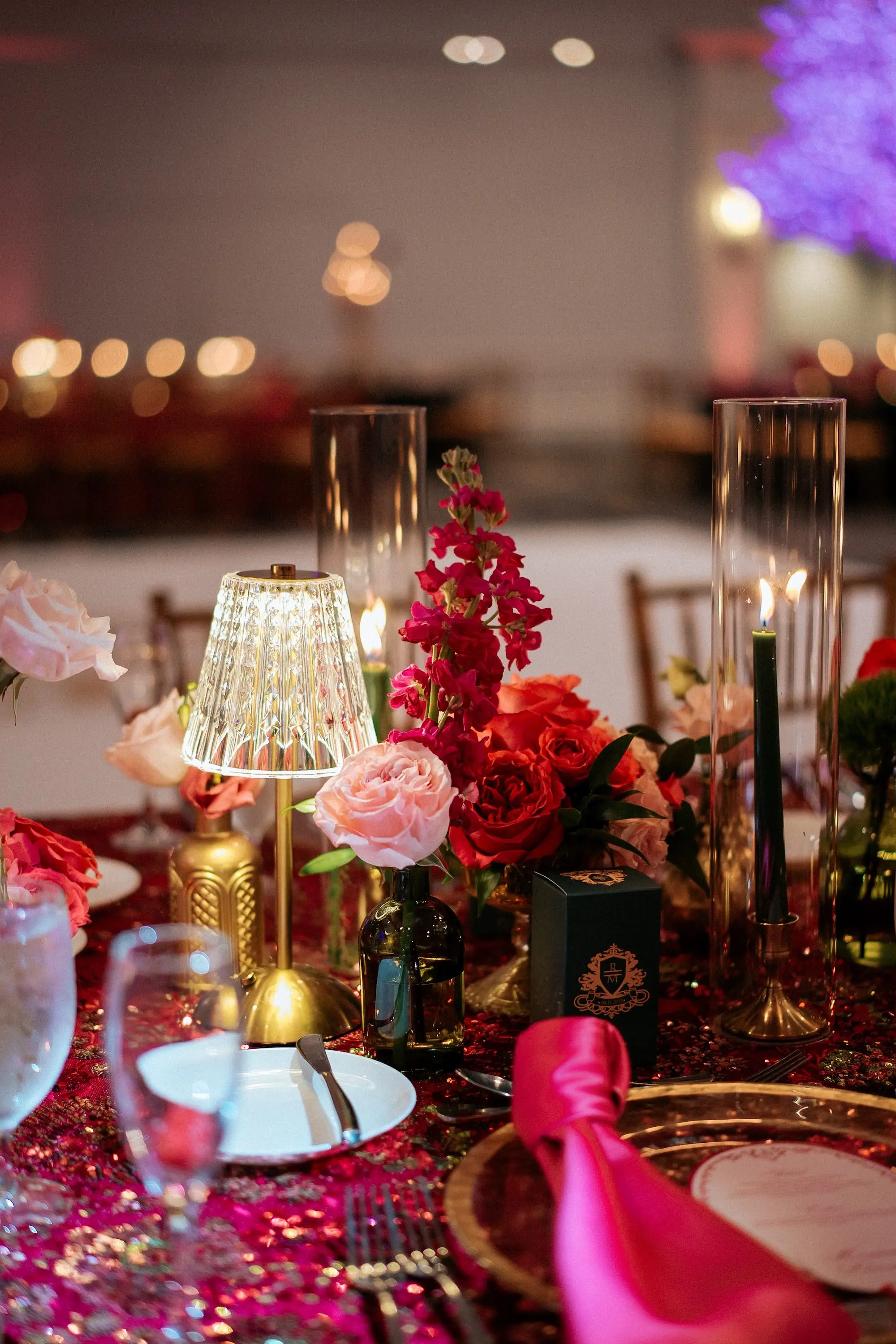 Glamorous Pink and Emerald Wedding Reception Tablescape Place Setting Centerpiece Ideas | Tampa Bay Over The Top Rental Linens | Florist Save The Date Florida