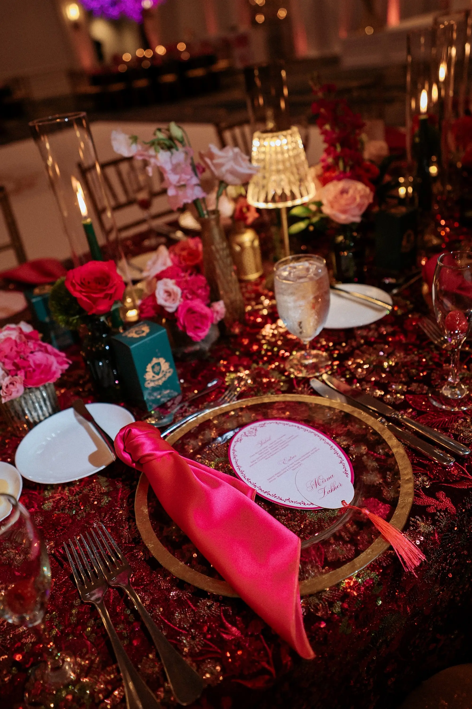 Glamorous Pink and Emerald Wedding Reception Tablescape Place Setting Ideas | Tampa Bay Over The Top Rental Linens | Florist Save The Date Florida