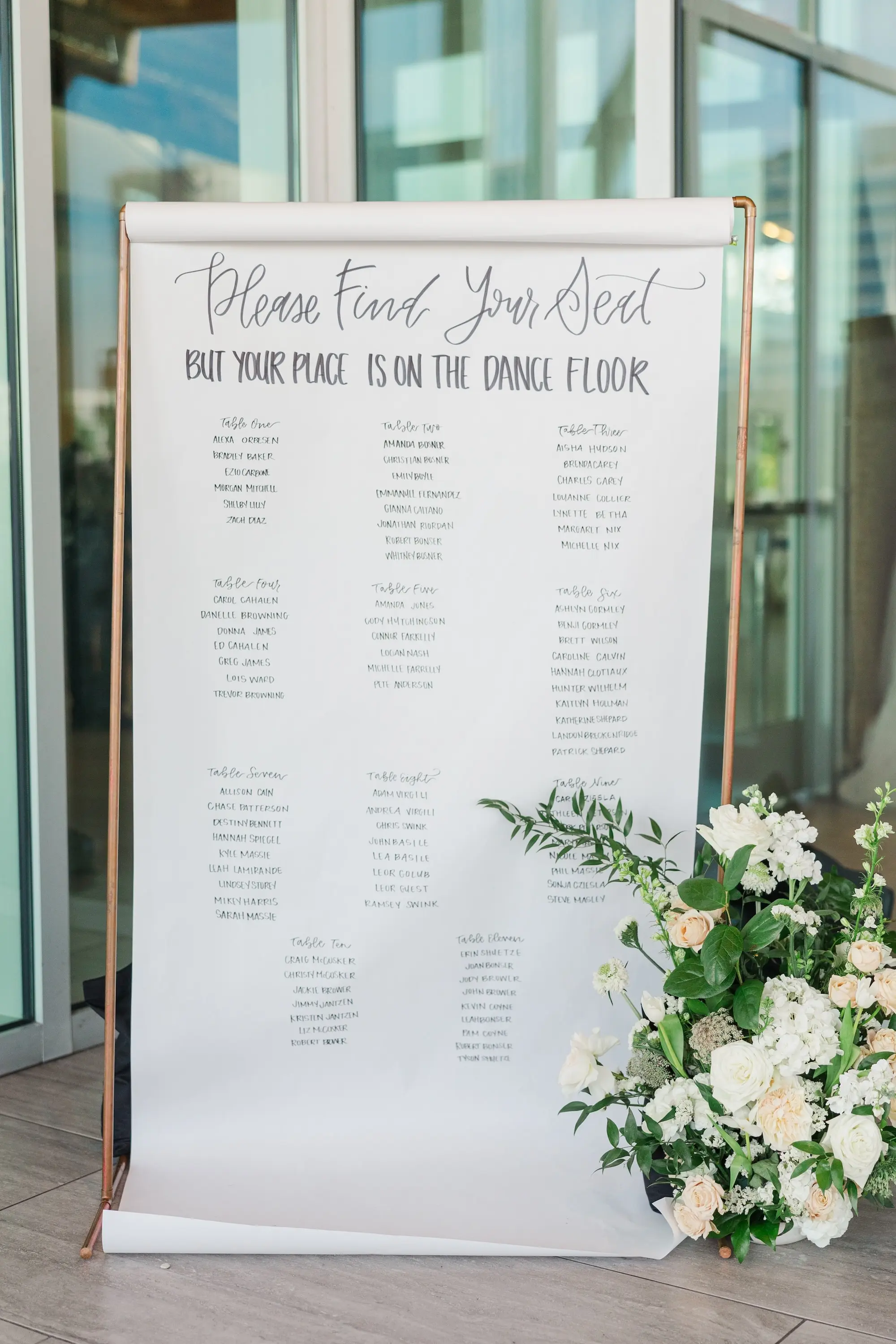 37Classic Emerald Green and Champagne Wedding Inspiration - Classic Emerald Green Downtown Tampa Wedding | Bob Buckhorn Center White Linen Wedding Reception Seating Chart Decor Ideas | Florida Sign Designer madWOLFE