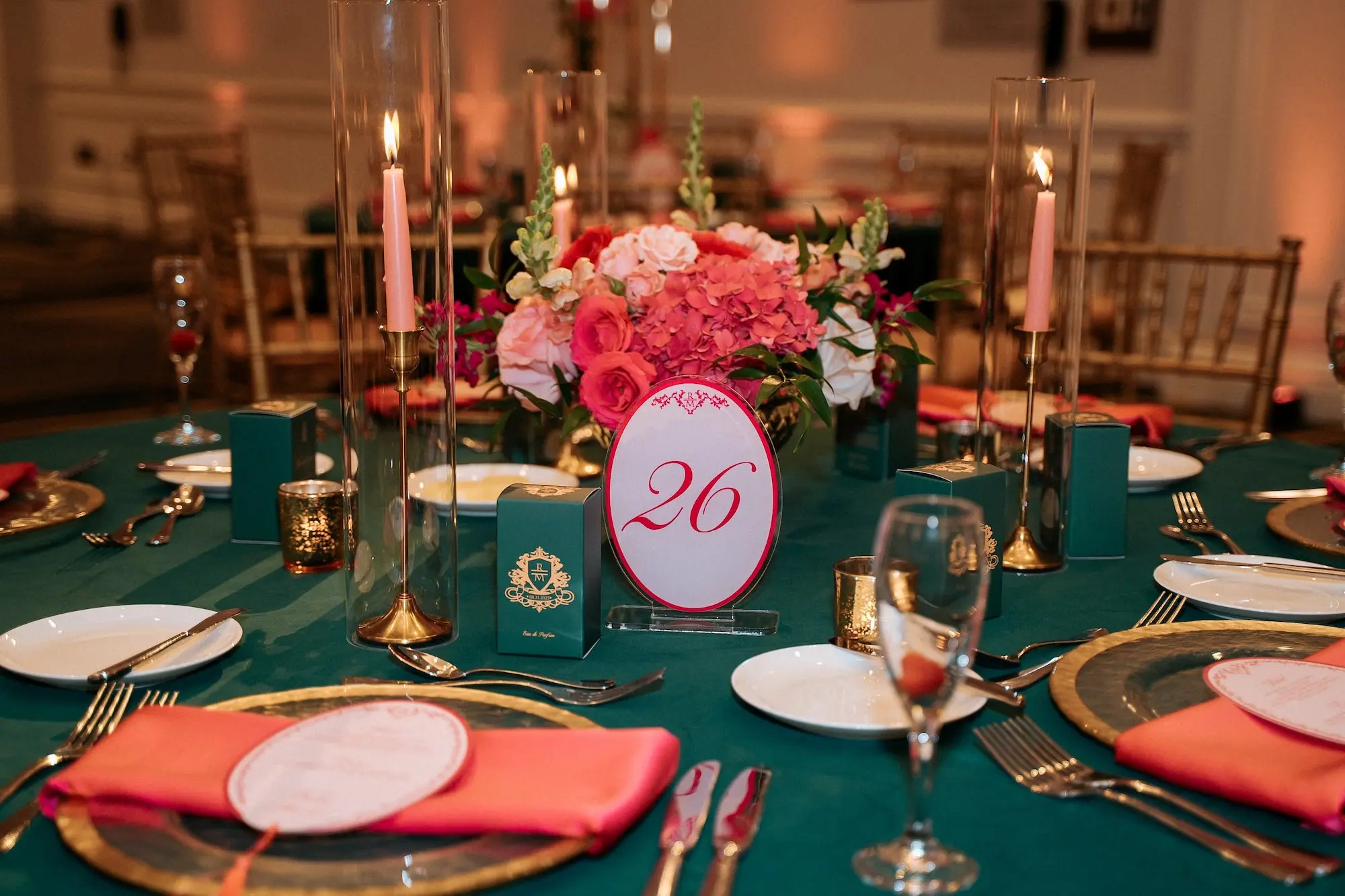 Glamorous Pink and Emerald Wedding Reception Tablescape Place Setting Ideas | Tampa Bay Over The Top Rental Linens | Florist Save The Date Florida | Kate Ryan Event Rentals
