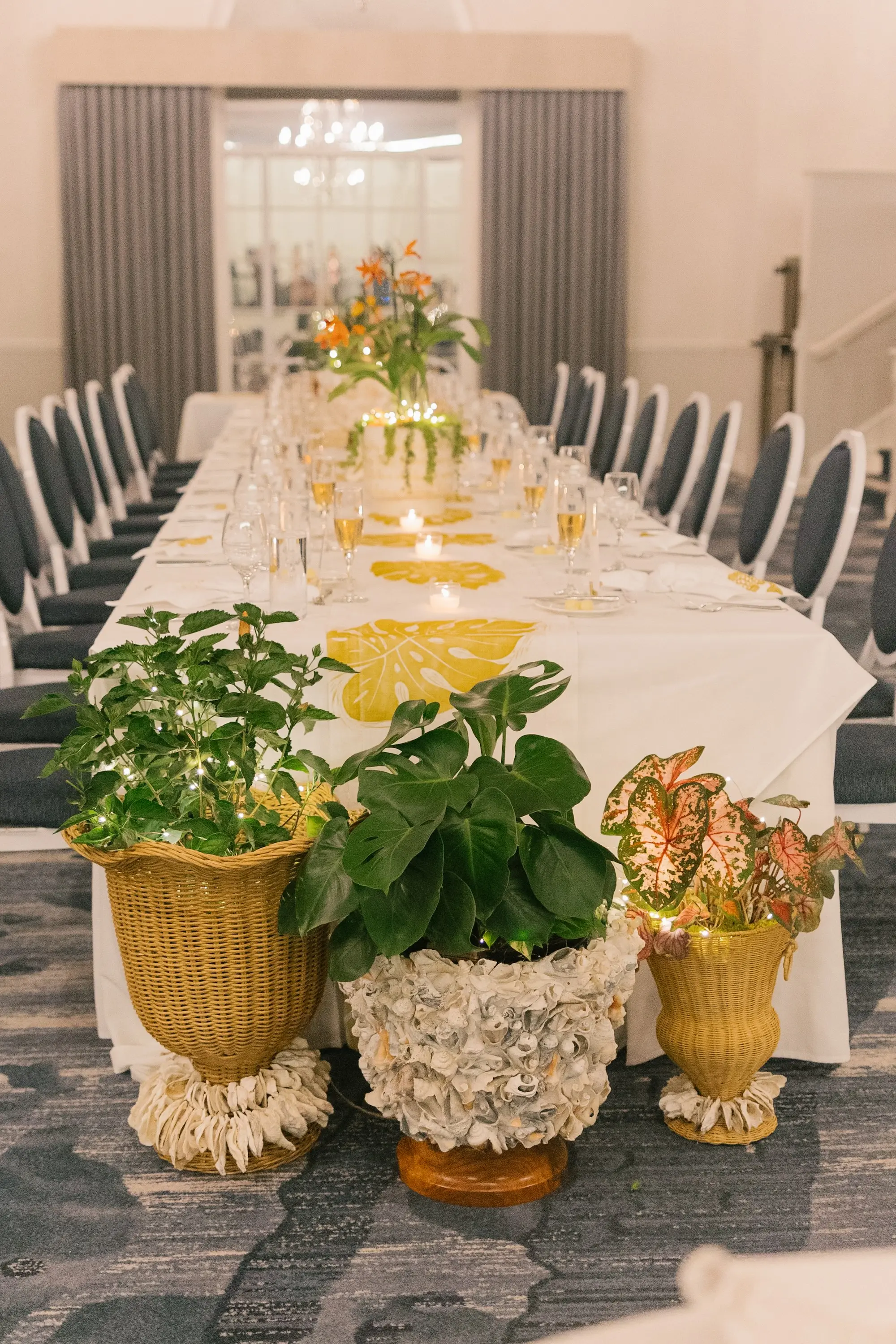 37Tropical Beach Boho Pink and Orange Wedding Inspiration - Vibrant, Tropical Boho St. Pete Beach Wedding | The Don CeSar Boho Beach Wedding Reception Decor Inspiration | Long Table with White Linens and Tropical Orange Florals and Ferns with Gold Palms Centerpieces Decor Ideas | Tampa Bay Planner EventFull Weddings