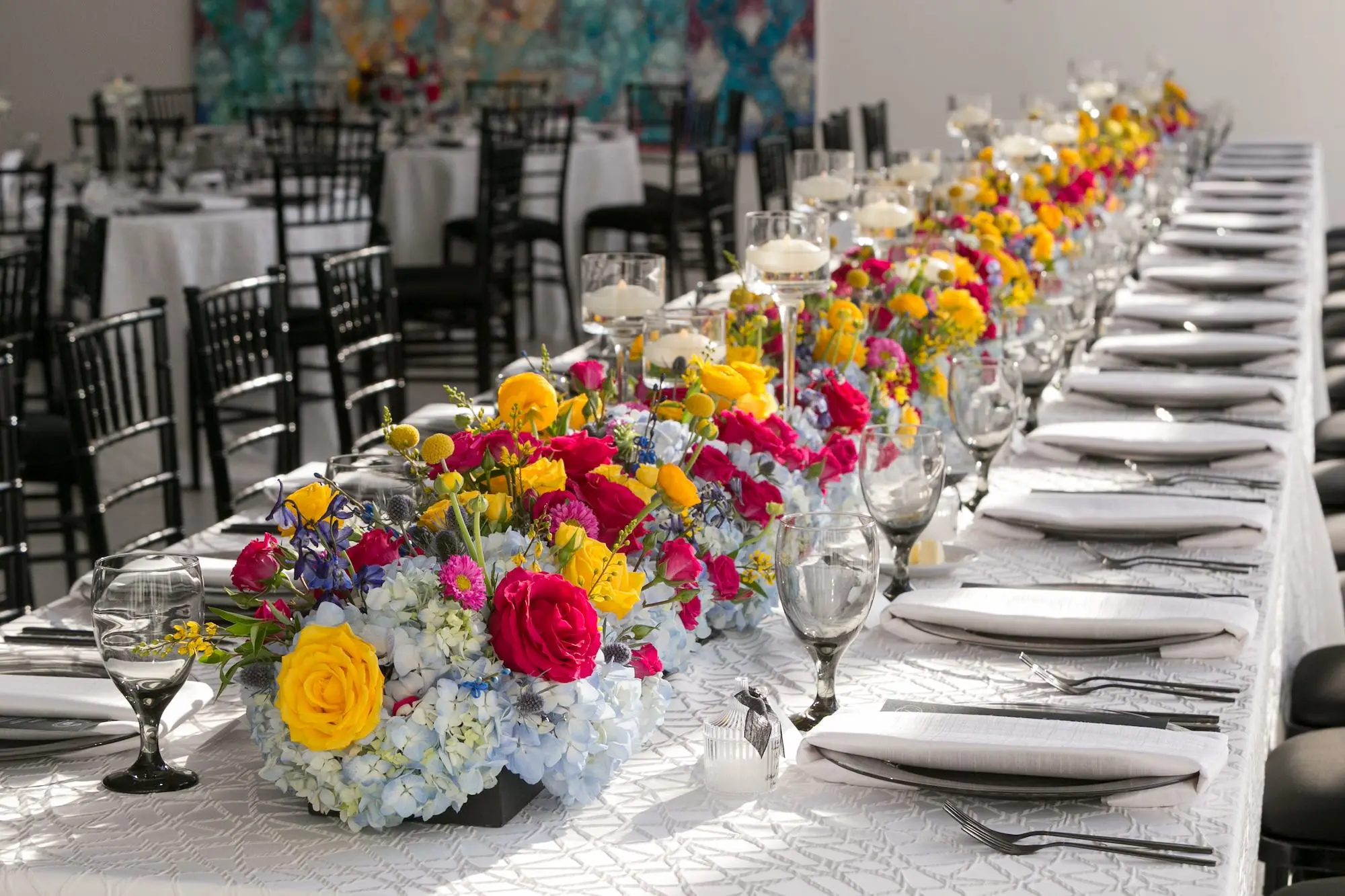 38Colorful Modern Yellow and Pink Wedding Ideas - Vibrant, Modern Gallery Wedding | Tampa Museum of Art Colorful Modern Yellow and Pink Wedding Reception Feasting Table Centerpiece Decor Ideas | Tampa Bay Rentals Gabro Event Services