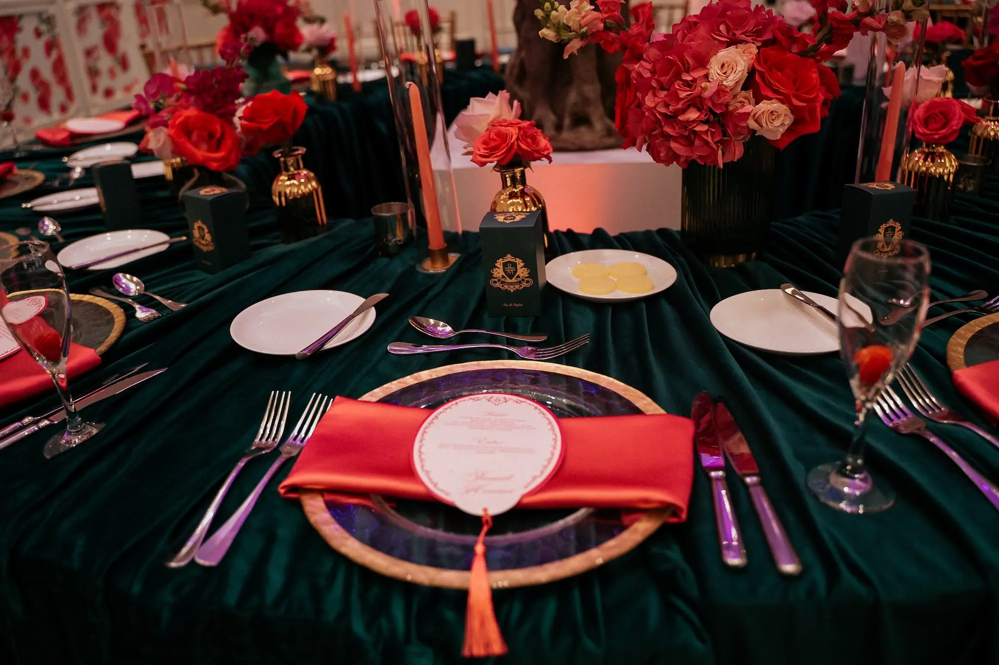 Glamorous Pink and Emerald Wedding Reception Tablescape Place Setting Ideas | Tampa Bay Over The Top Rental Linens | Florist Save The Date Florida