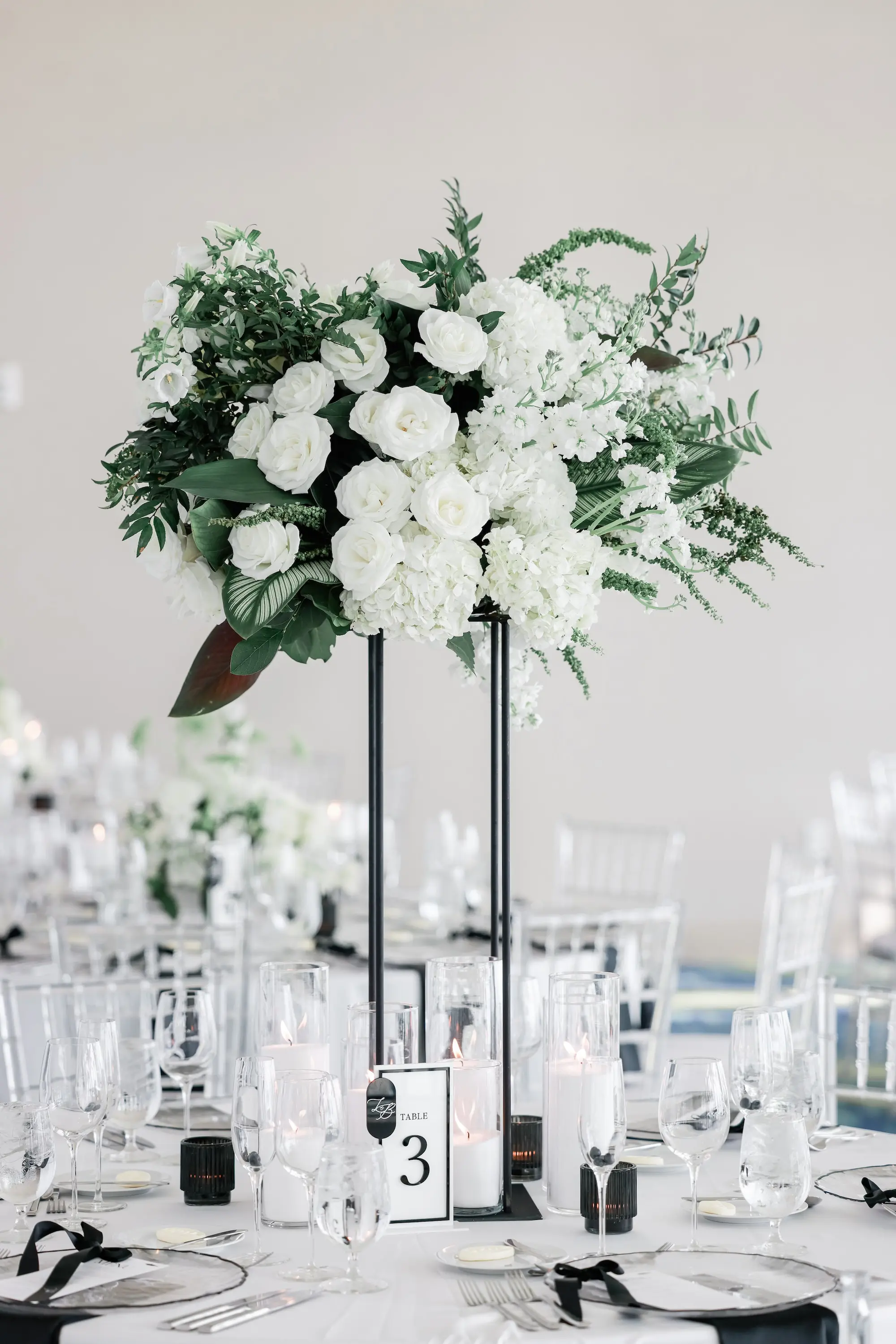 Chic Black and White Wedding Reception Centerpiece Floral Decor Inspiration