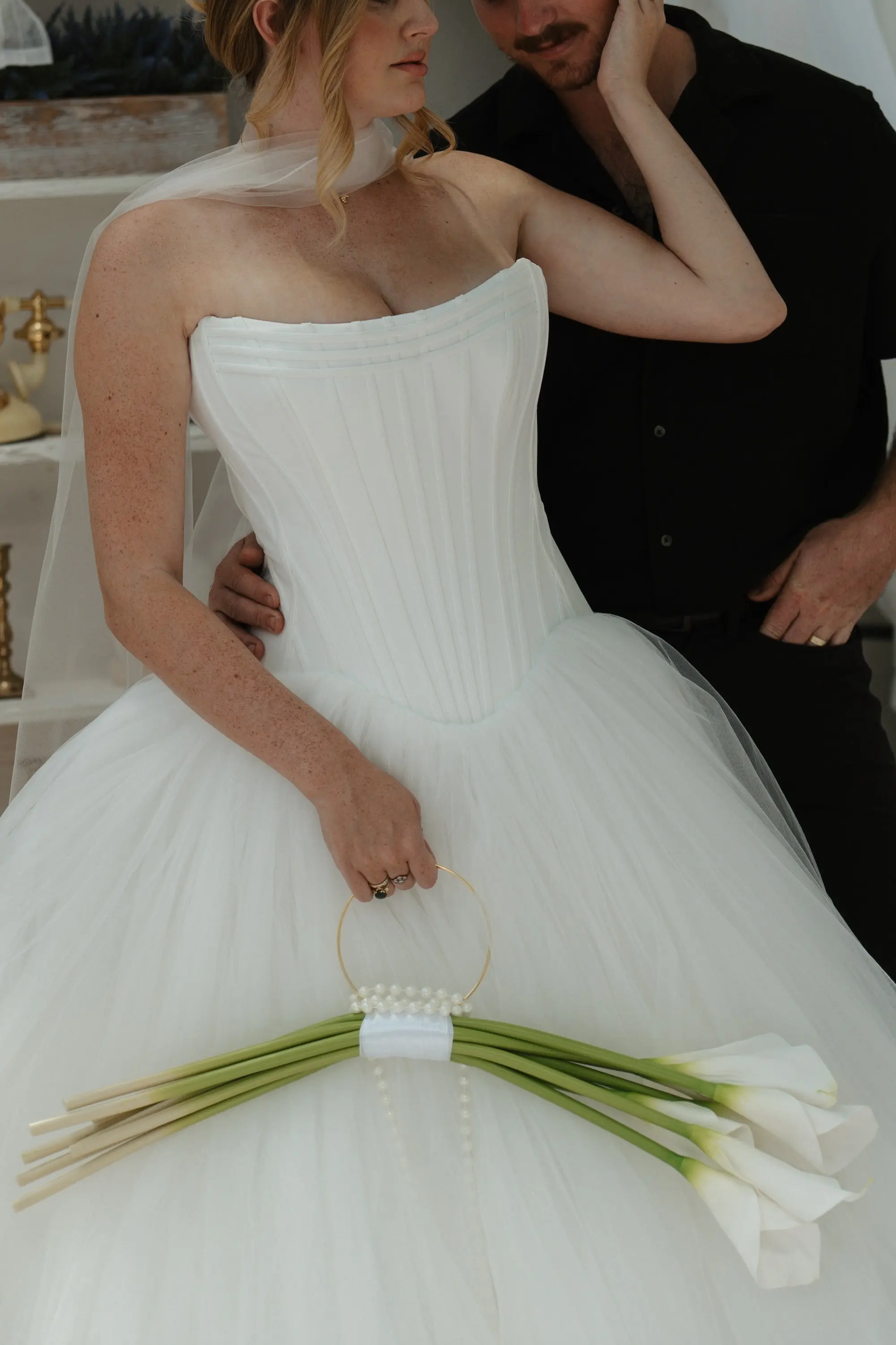 Moody Vintage Greenhouse Wedding Inspiration | Tulle Ballgown Dress with Corset and Scarf | Cala Lily Purse Bridal Bouquet with Pearls | Tampa Photographer Amber Yonker Photography Dresses Truly Forever Bridal