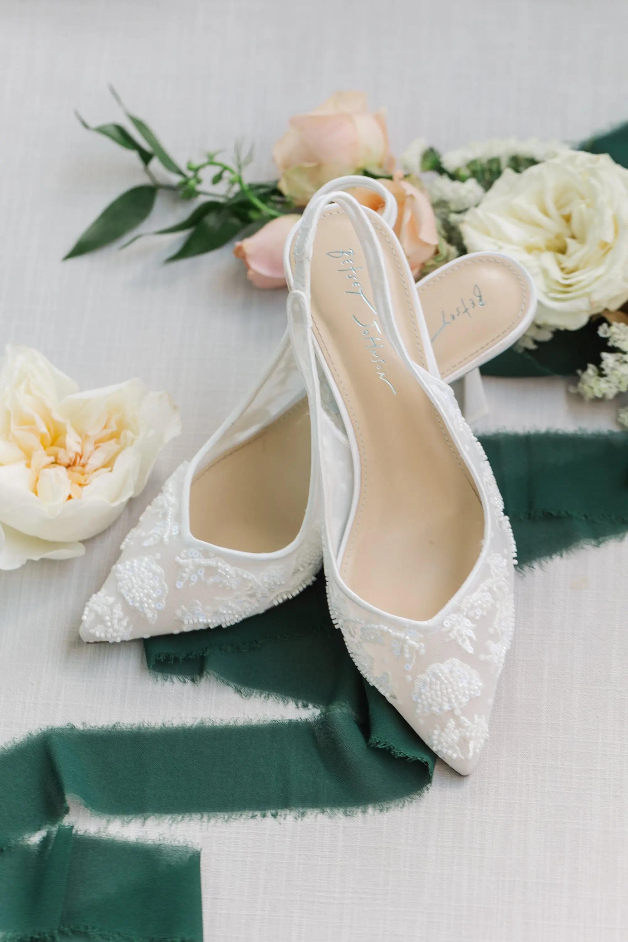 3Classic Emerald Green and Champagne Wedding Inspiration - Classic Emerald Green Downtown Tampa Wedding | Bob Buckhorn Center Betsey John Lace Floral White Wedding Bridal Shoes Inspiration