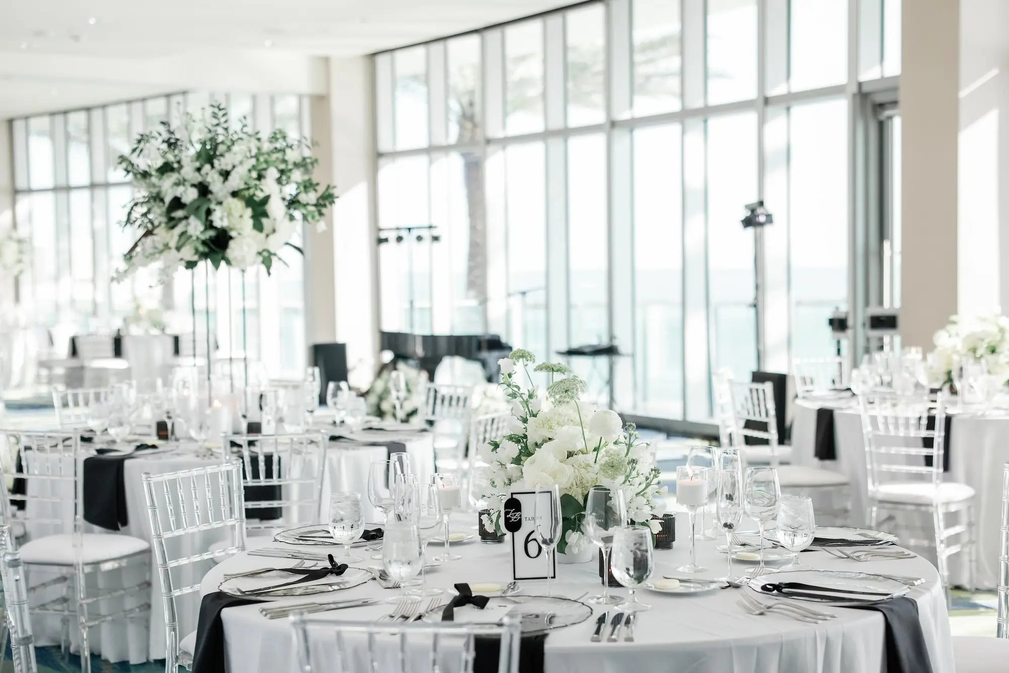 Chic Black and White Wedding Reception Decor Ideas | Tampa Bay Event Venue Opal Sands | Clearwater Rentals Gabro Event Services