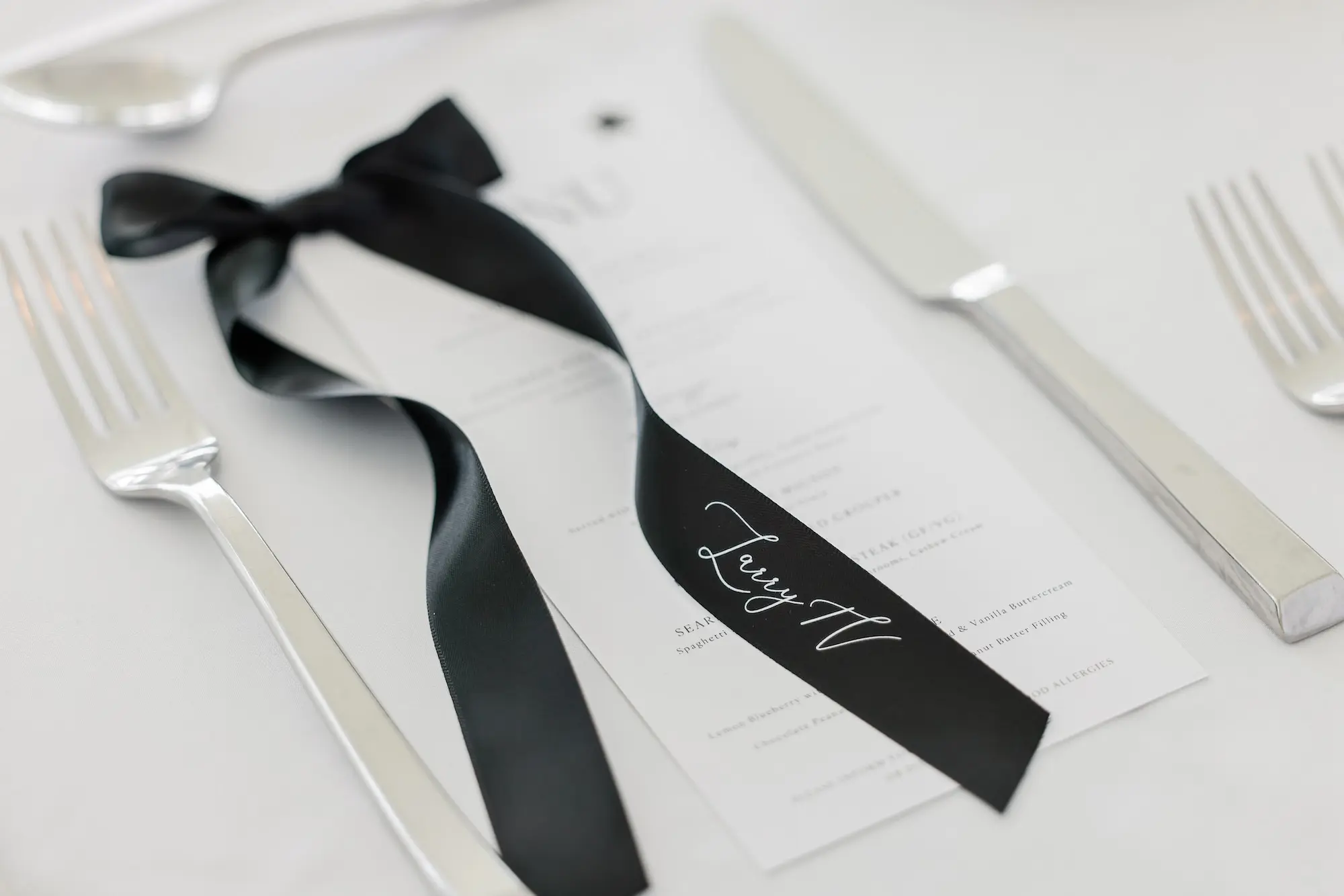 Chic Black and White Wedding Reception Bow Place Card Inspiration