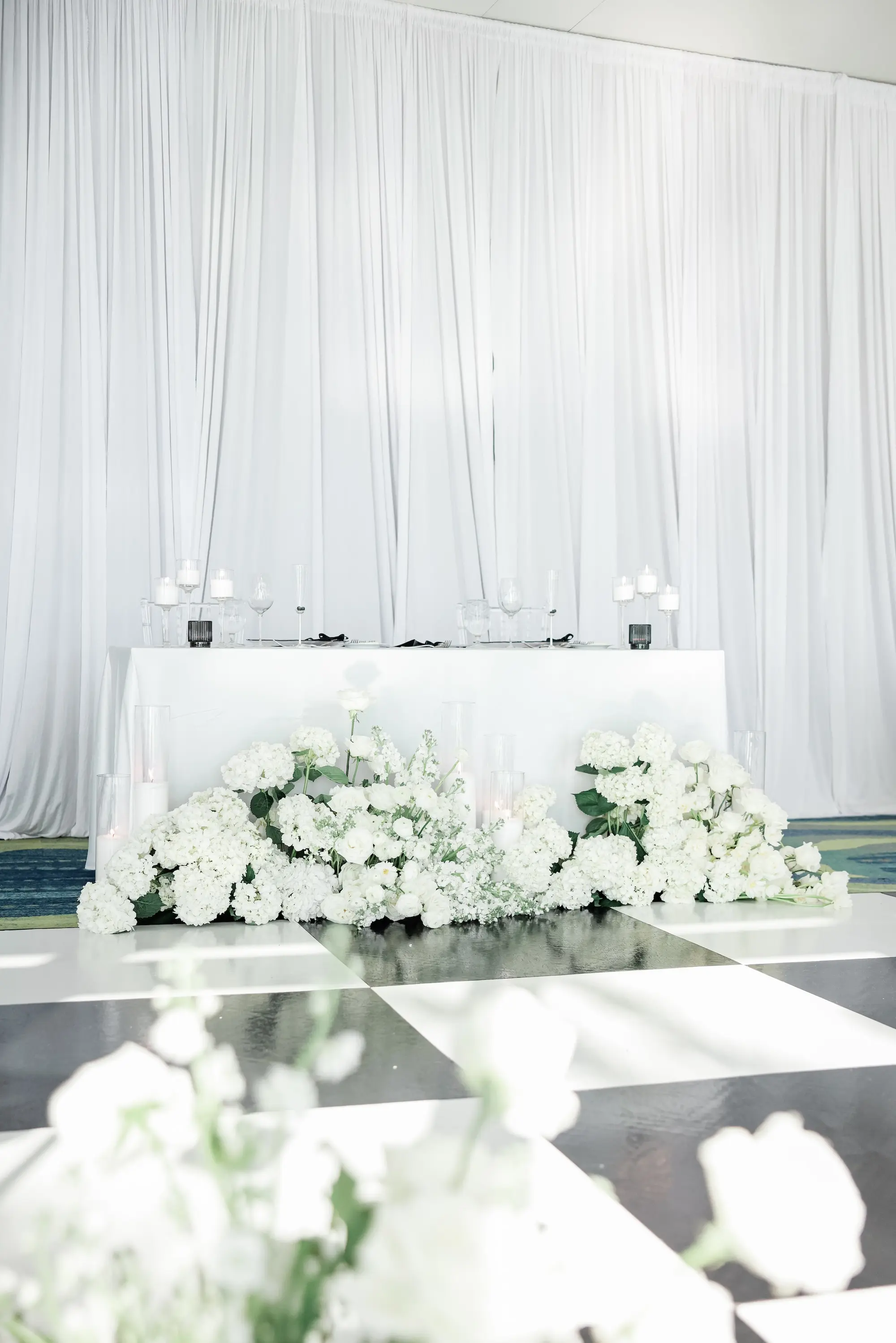 Chic Black and White Ballroom Wedding Reception Sweetheart Table Decor Ideas | Clearwater Rentals Gabro Event Services