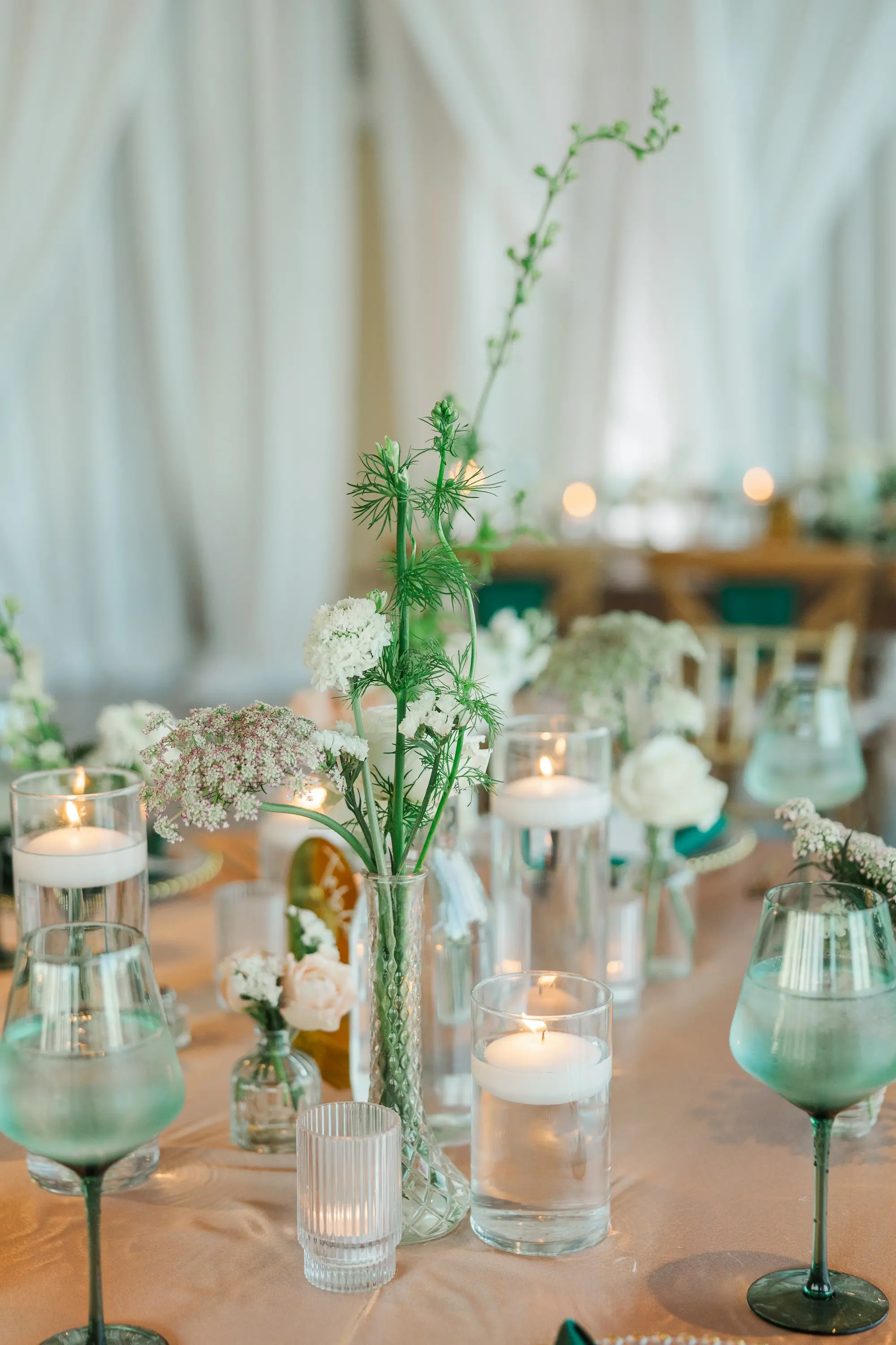 46Classic Emerald Green and Champagne Wedding Inspiration - Classic Emerald Green Downtown Tampa Wedding | Bob Buckhorn Center Romantic Candle Table Wedding Reception Decor Inspiration | Bud Vases with White Florals and Greenery Arrangement Ideas | Green Glasses Wedding Reception Tablescape Inspiration | Tampa Bay Planner Wilder Mind Events