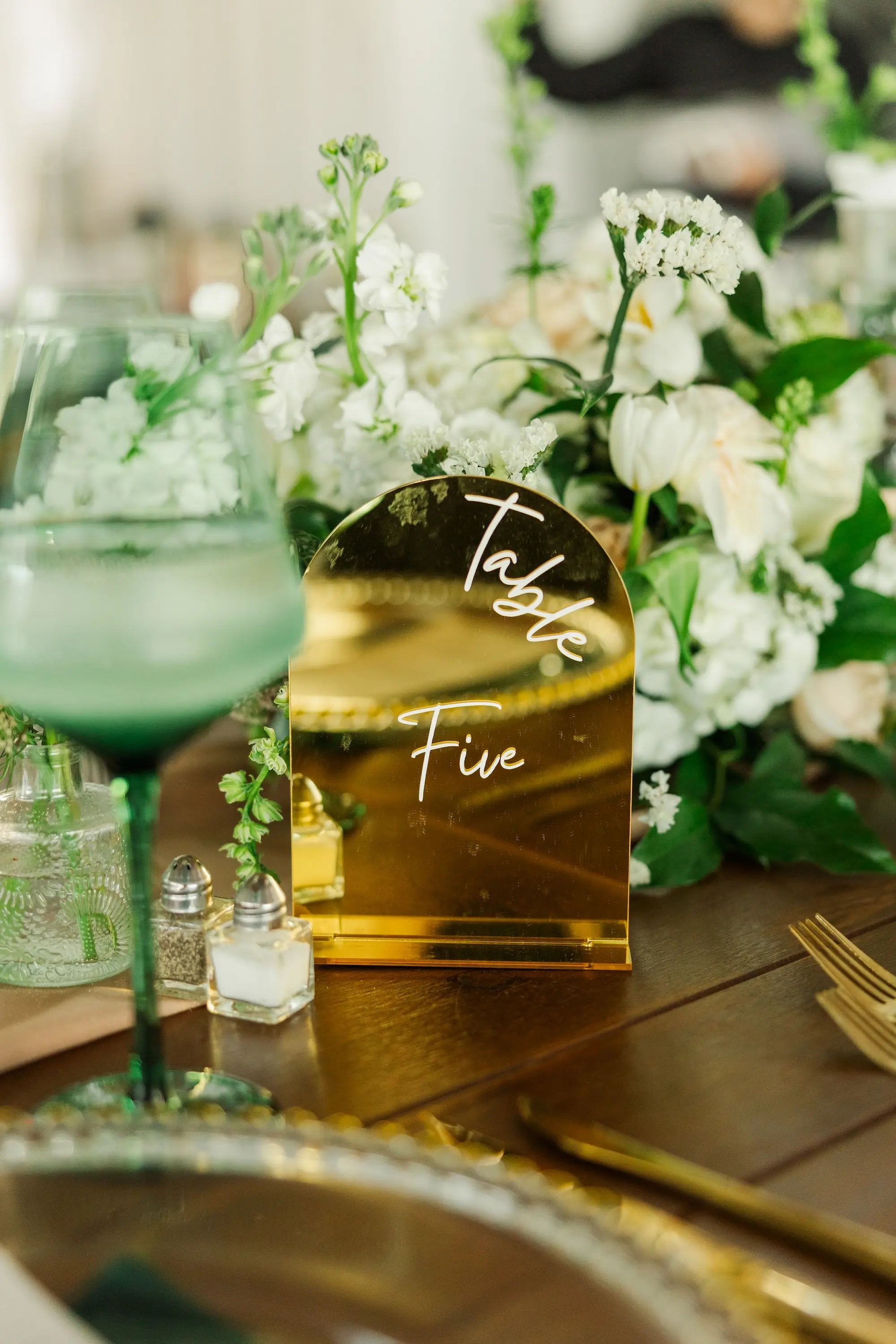 48Classic Emerald Green and Champagne Wedding Inspiration - Classic Emerald Green Downtown Tampa Wedding | Bob Buckhorn Center Gold Table Number Wedding Reception Decor Inspiration | Tampa Bay Planner Wilder Mind Events