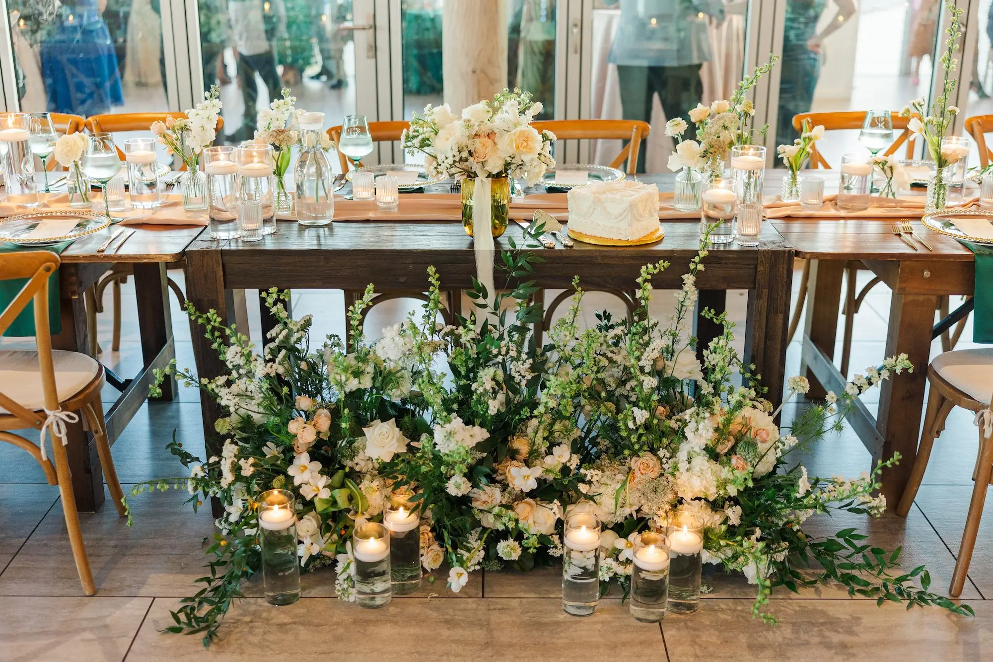 50Classic Emerald Green and Champagne Wedding Inspiration - Classic Emerald Green Downtown Tampa Wedding | Bob Buckhorn Center Romantic Riverfront Ballroom Wedding Reception | Romantic Floating Tea Candles Decor Inspiration | Centerpieces with White Hydrangeas, Roses, Wisteria Flower and Palm Greenery Arrangement Ideas | Tampa Bay Planner Wilder Mind Events