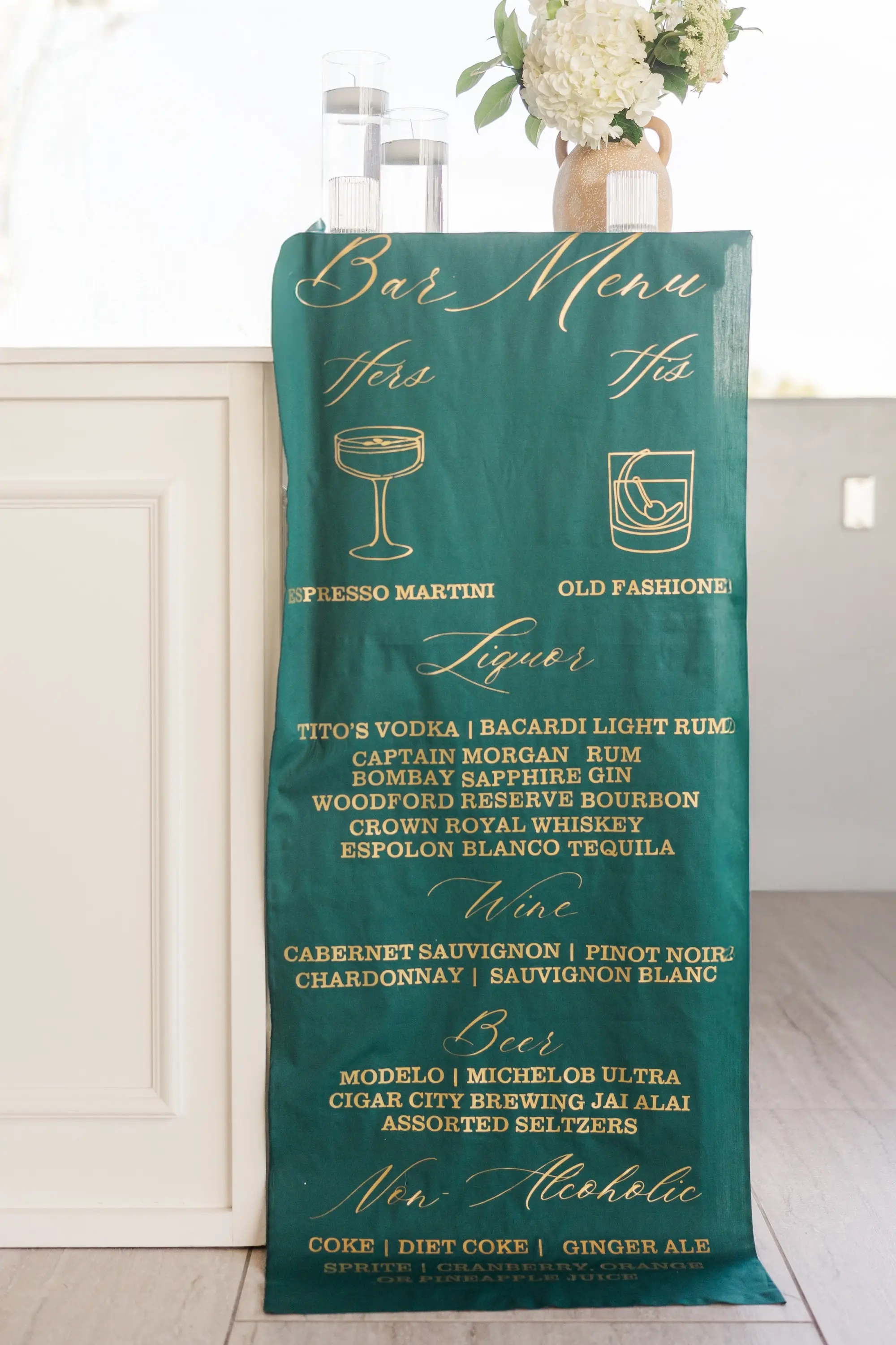 53Classic Emerald Green and Champagne Wedding Inspiration - Classic Emerald Green Downtown Tampa Wedding | Bob Buckhorn Center Emerald Green Linen with Gold Writing Wedding Reception Bar Sign Inspiration | Florida Sign Designer madWOLFE