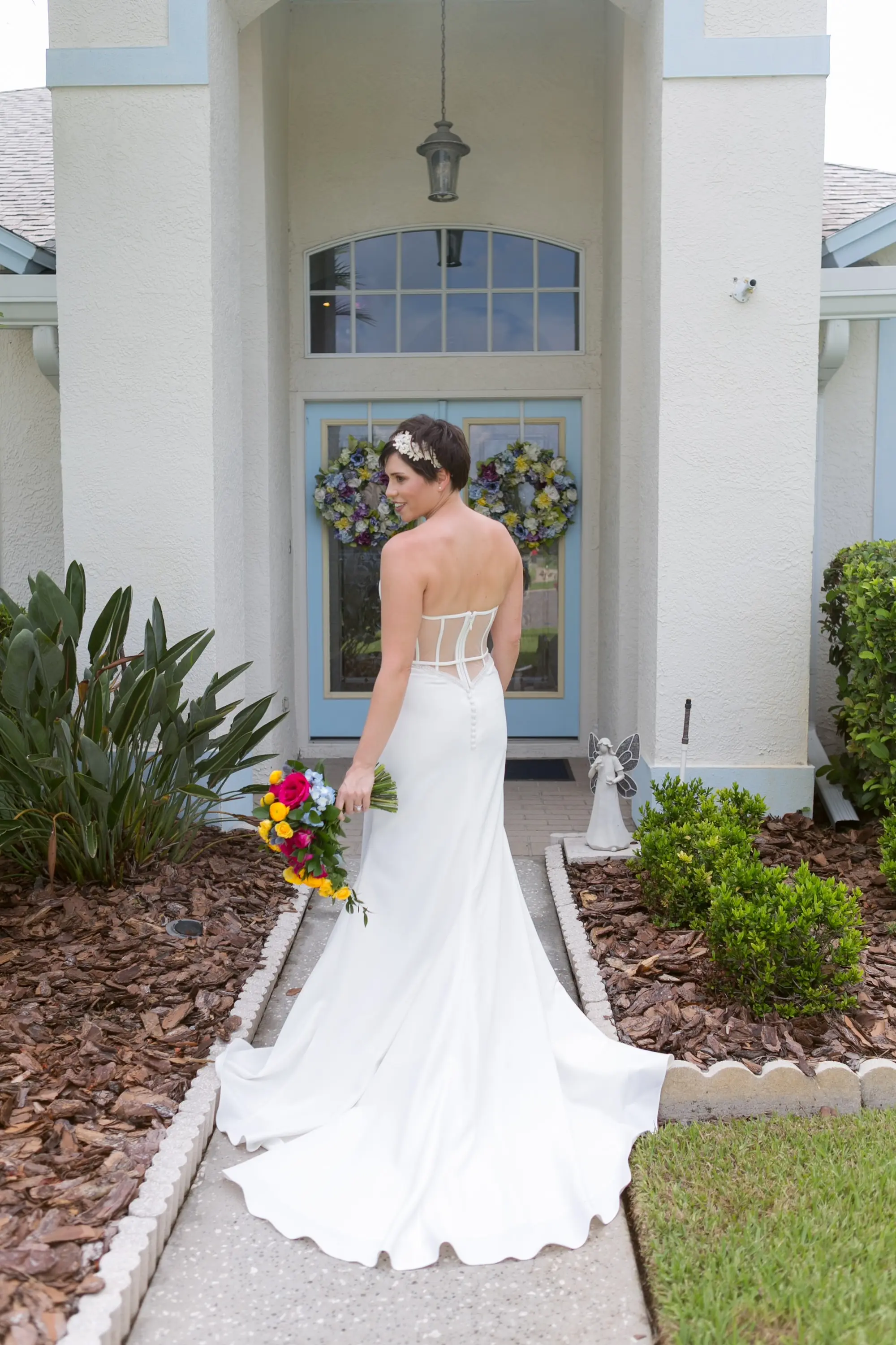 5Colorful Modern Yellow and Pink Wedding Ideas - Vibrant, Modern Gallery Wedding | Tampa Museum of Art White Fit and Flare Wedding Dress Inspiration