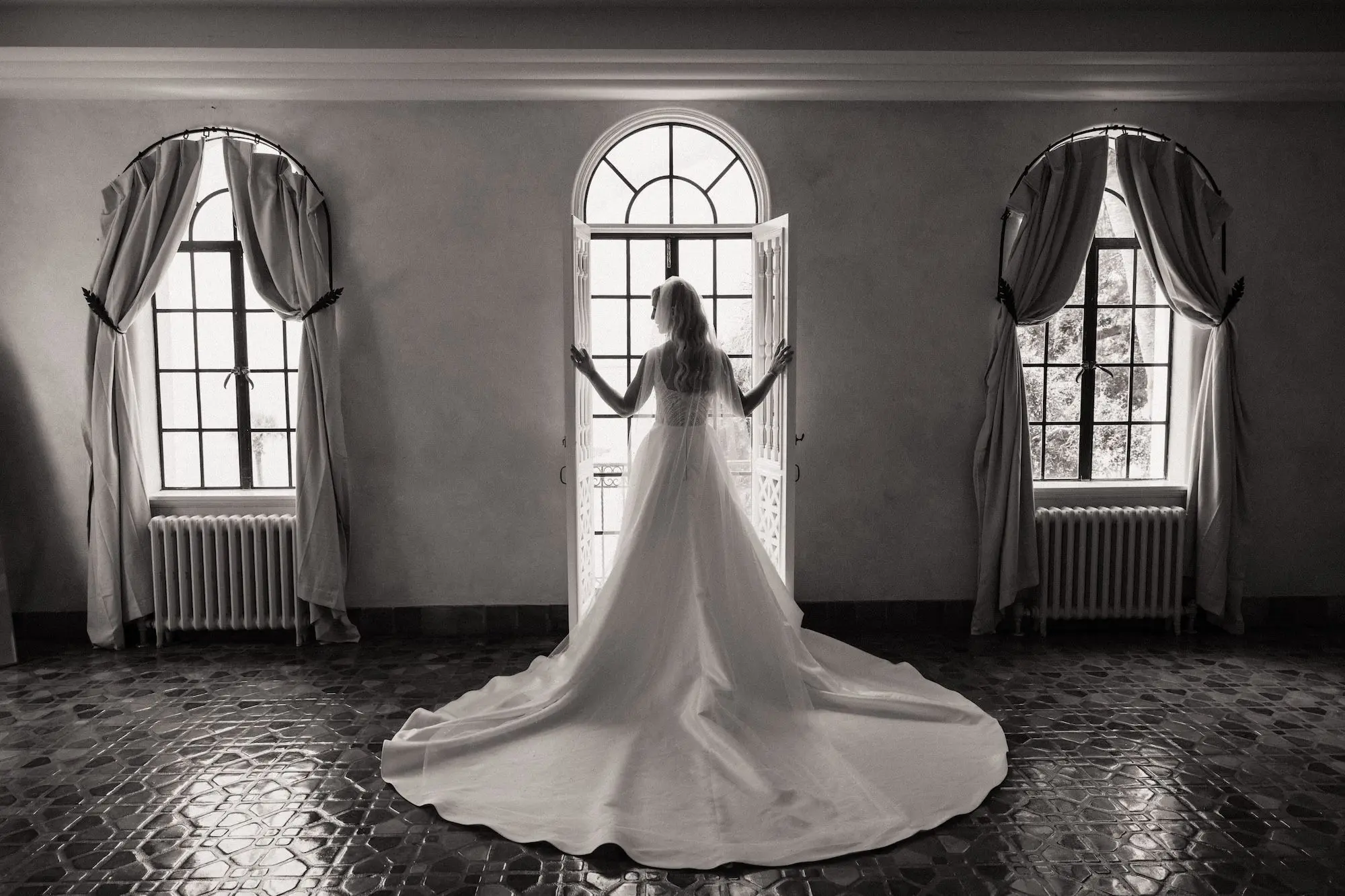 Black and White Bride Wedding Portrait | White Pearl Corset Milla Nova Wedding Gown with Dramatic Satin Train Inspiration | Tampa Bay Boutique Truly Forever Bridal | Sarasota Wedding Venue Powel Crosely Estate | Content Creator Behind The Vows