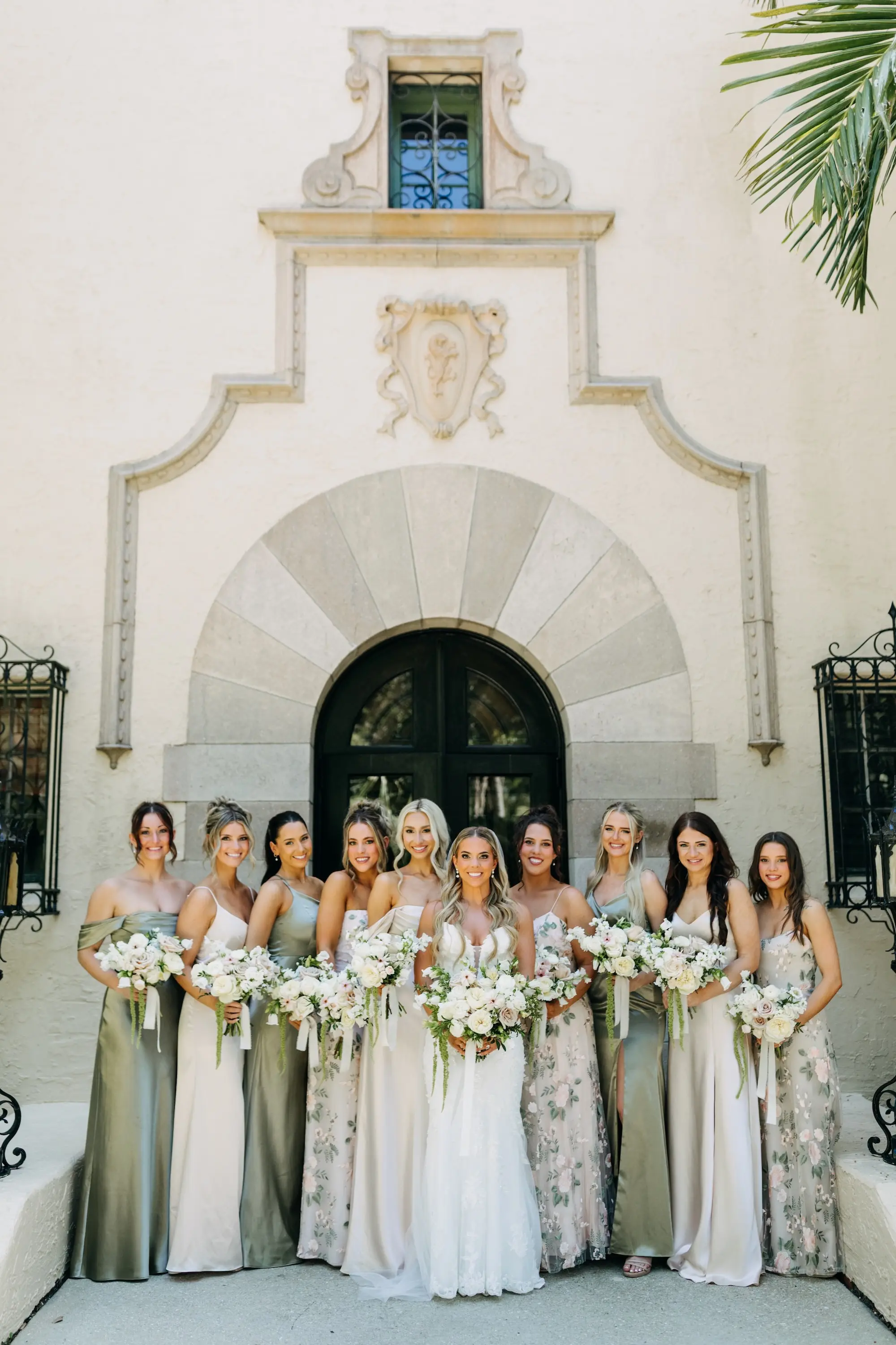 7Romantic Outdoor Waterfront Green Garden Wedding Inspiration - “Best Of” 2025: Wedding Portraits Bride and Bridesmaids Wedding Portrait | Green, Floral, and Cream Mismatched Bridesmaids Dress Inspiration