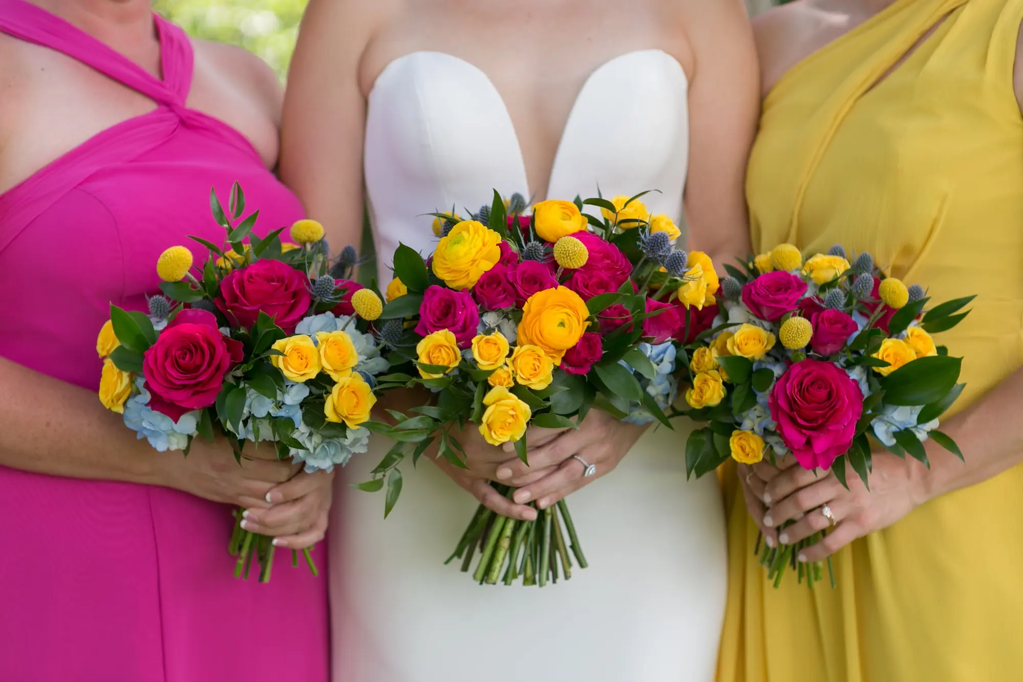 8Colorful Modern Yellow and Pink Wedding Ideas - Vibrant, Modern Gallery Wedding | Tampa Museum of Art Yellow, Pink, and Blue Flowers with Greenery Wedding Bouquet Inspiration