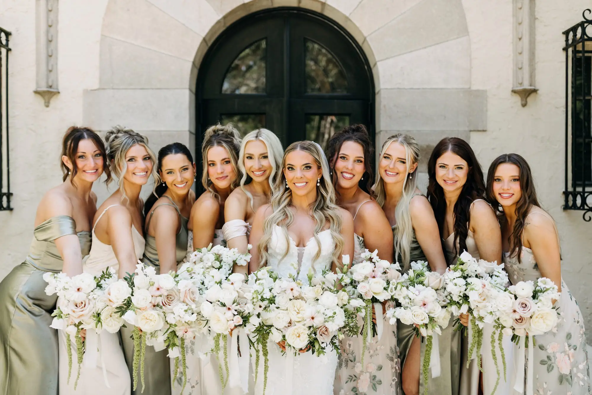 8Romantic Outdoor Waterfront Green Garden Wedding Inspiration - “Best Of” 2025: Wedding Portraits Bride and Bridesmaids Wedding Portrait | Green, Floral, and Cream Mismatched Bridesmaids Dress Inspiration