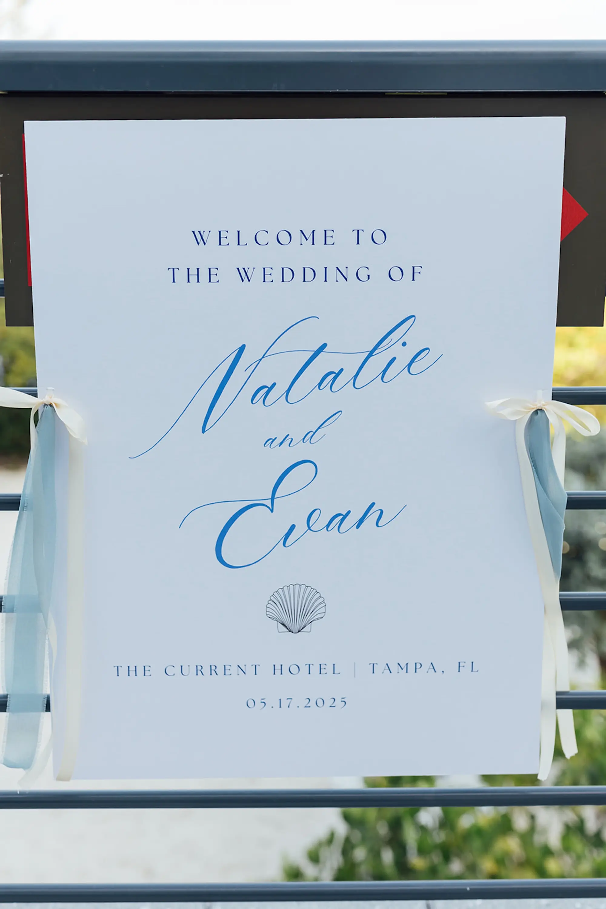 Coastal Peach and Blue Waterfront Wedding Ceremony Welcome Sign Decor Ideas