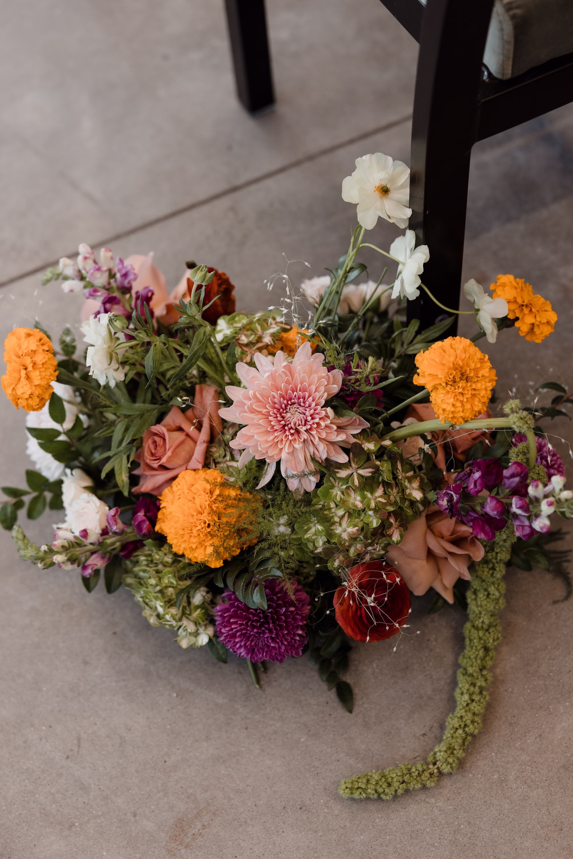 Romantic Fall Color Floral Arrangements Wedding Ceremony Aisle Decor Inspiration | Romantic Peach, Blush, Ivory, Deep Burgundy Dahlias, Roses, Carnations Flower Arrangement Decor Ideas