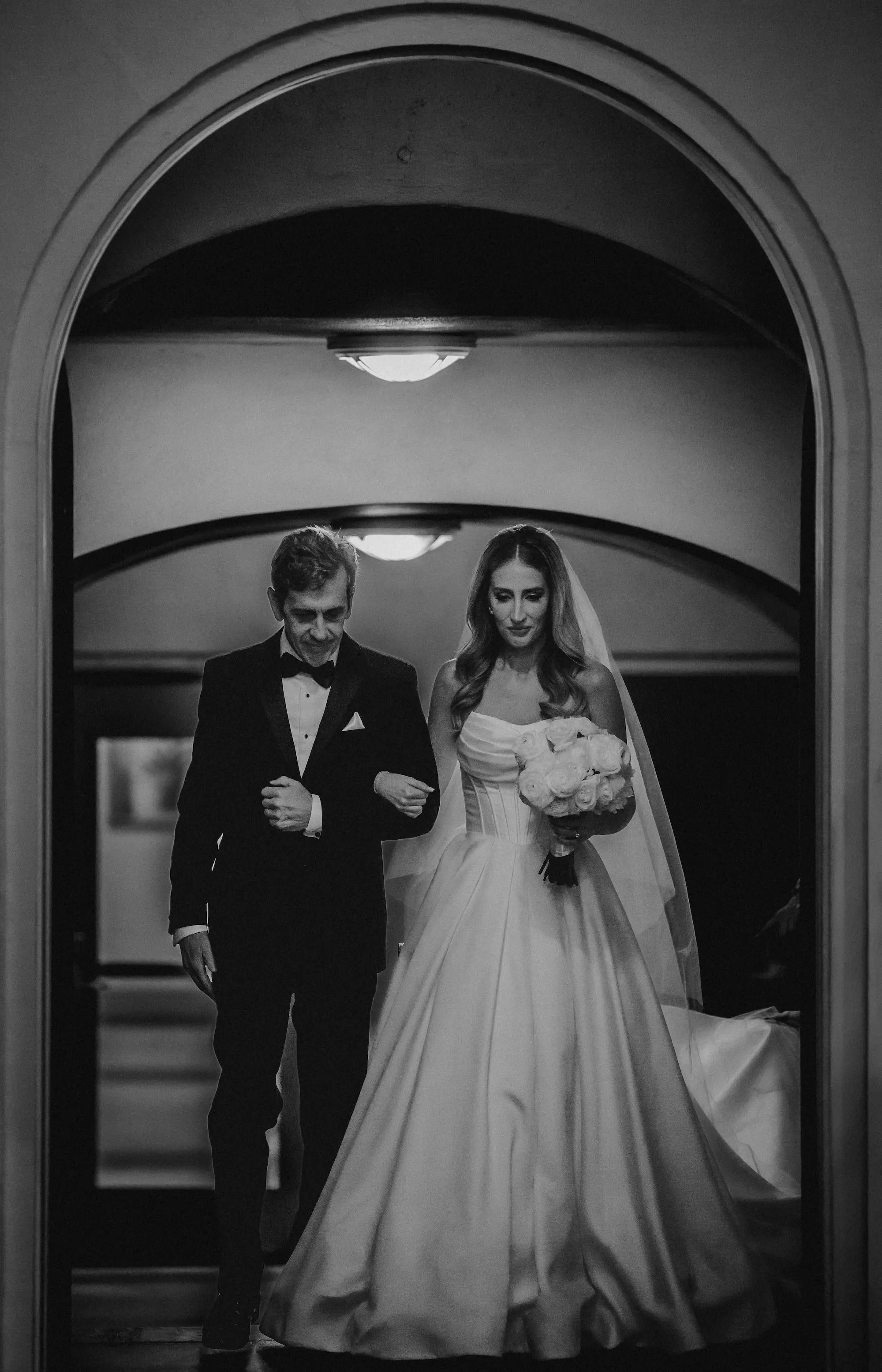 16Modern Black and White Wedding Inspiration - Timeless Black and White Downtown Tampa Wedding | The Vault Black and White Bride and Father Walking Down Wedding Ceremony Aisle Portrait