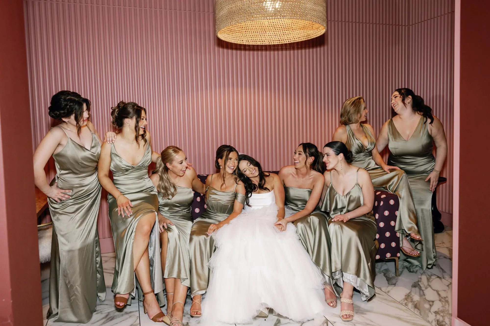 16Modern Classic Black and White Wedding Inspiration Tampa Venue Hyde House - Modern, Black and White Tampa Wedding | Hyde House Public Studio Bride and Bridesmaids Wedding Portrait | Mismatched Green Satin Bridesmaids Dress Ideas
