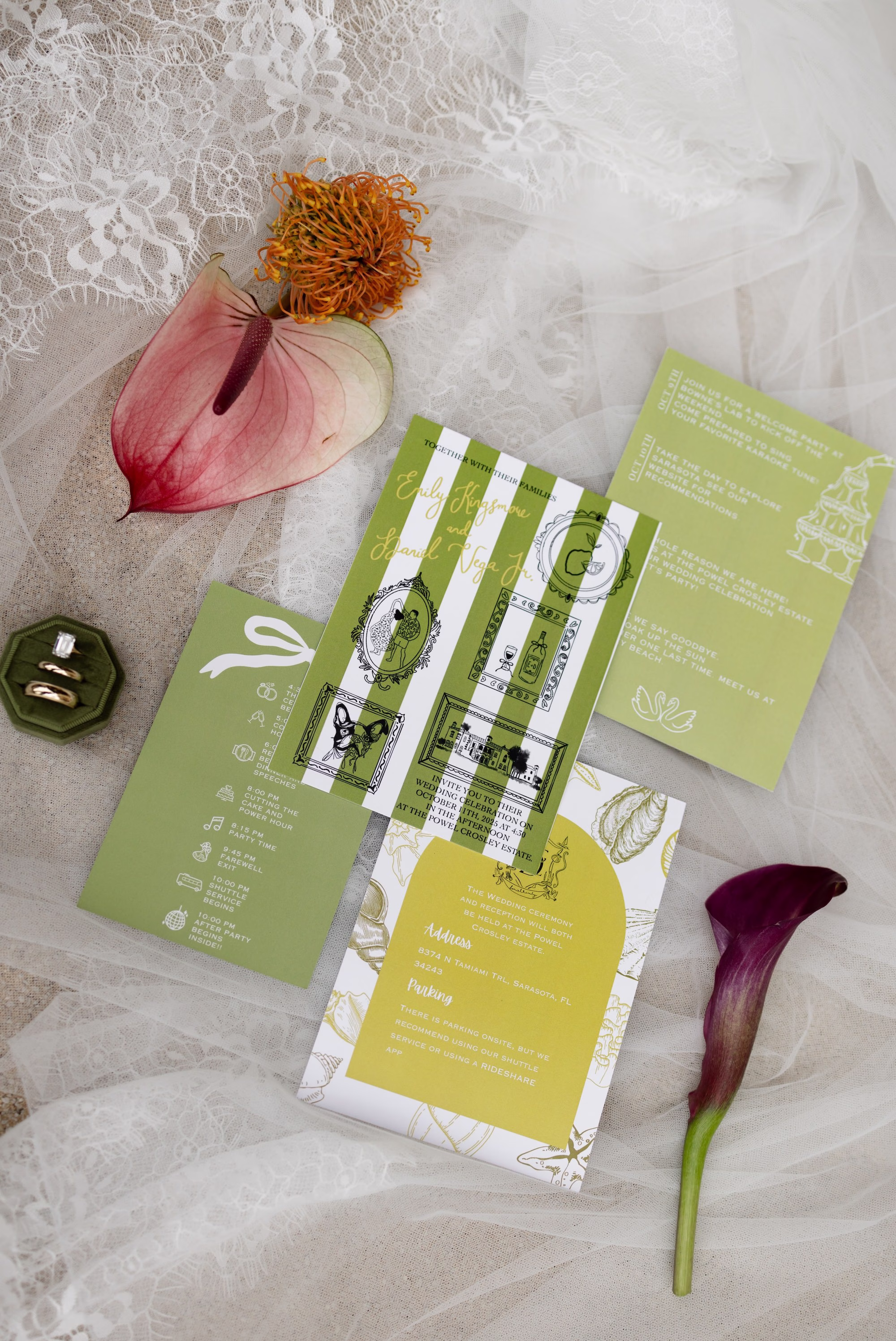 Tropical Palms and Striped Florida Green and White Wedding Invitation Suite Inspiration | Tampa Bay Event Planner The Olive Tree Weddings