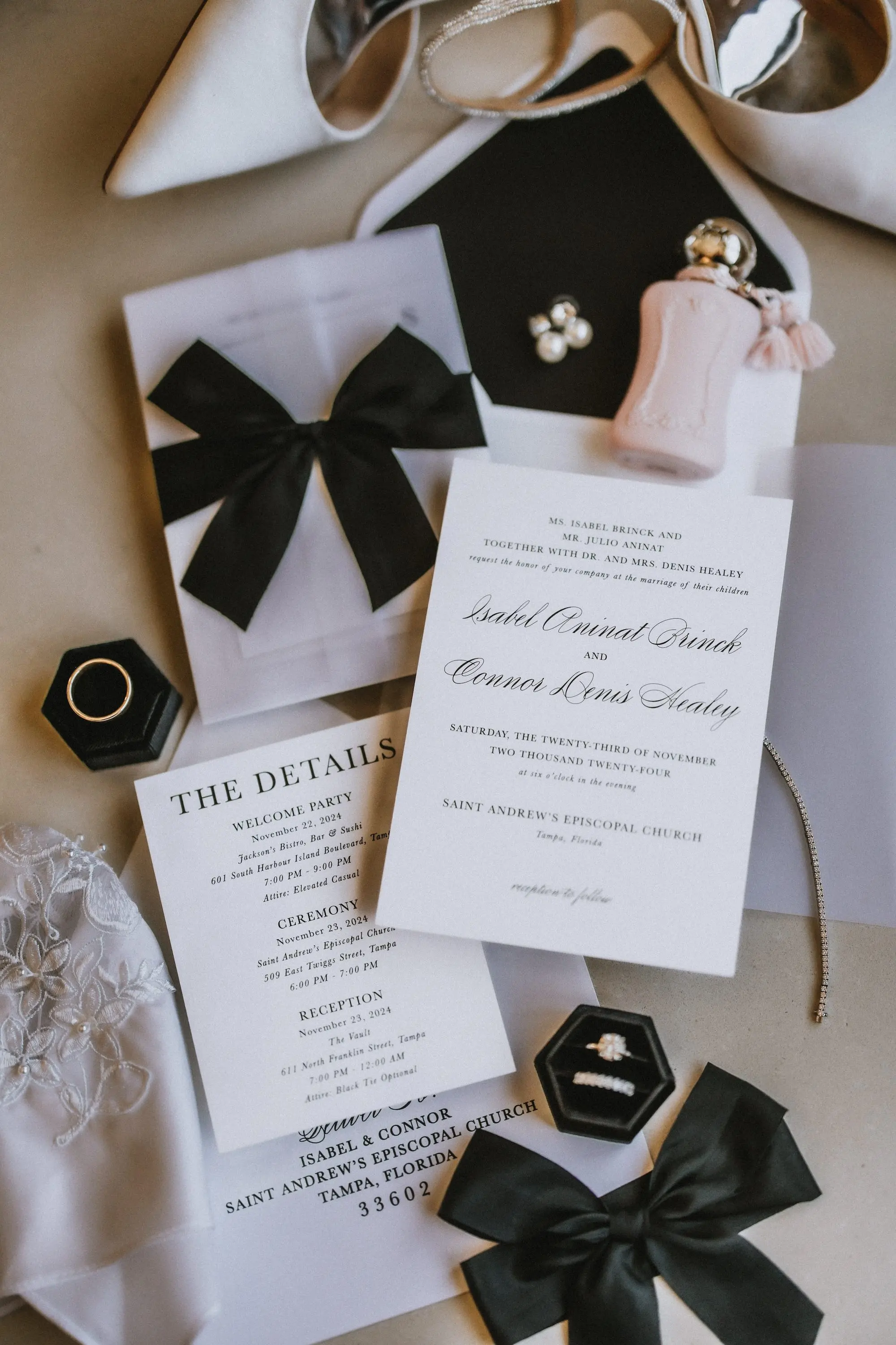 1Modern Black and White Wedding Inspiration - Timeless Black and White Downtown Tampa Wedding | The Vault Elegant Black and White Wedding Invitation Suite with Black Satin Bow Inspiration