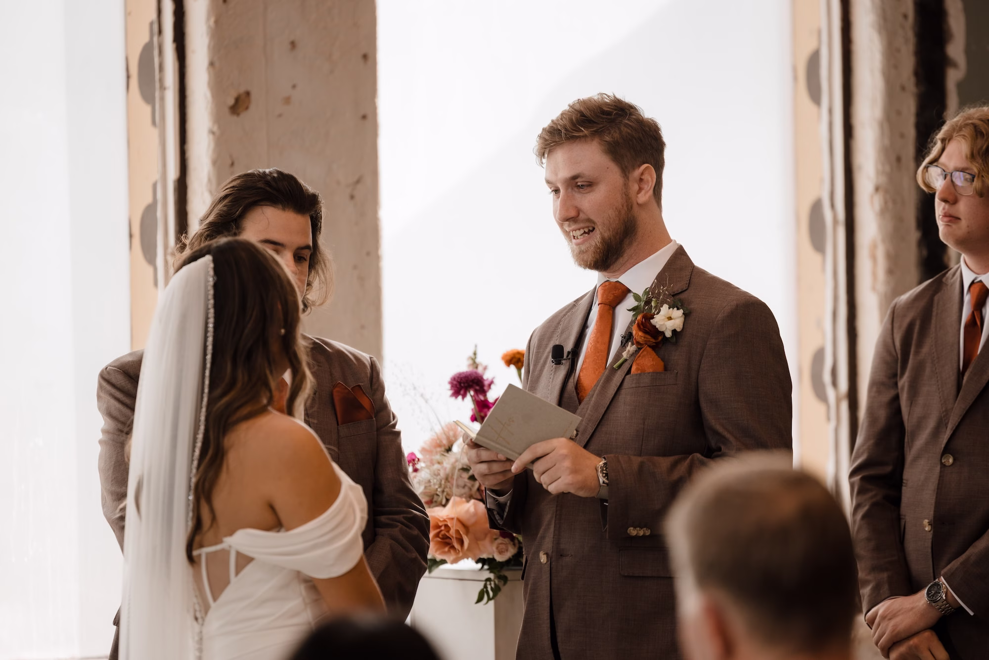 Bride and Groom Wedding Ceremony Vow Exchange Wedding Portrait | Romantic Industrial Historic Hotel Wedding Ceremony Venue Ideas | Tampa Bay Photographer Evoke Photo and Film | Ybor City Historic Venue Hotel Haya