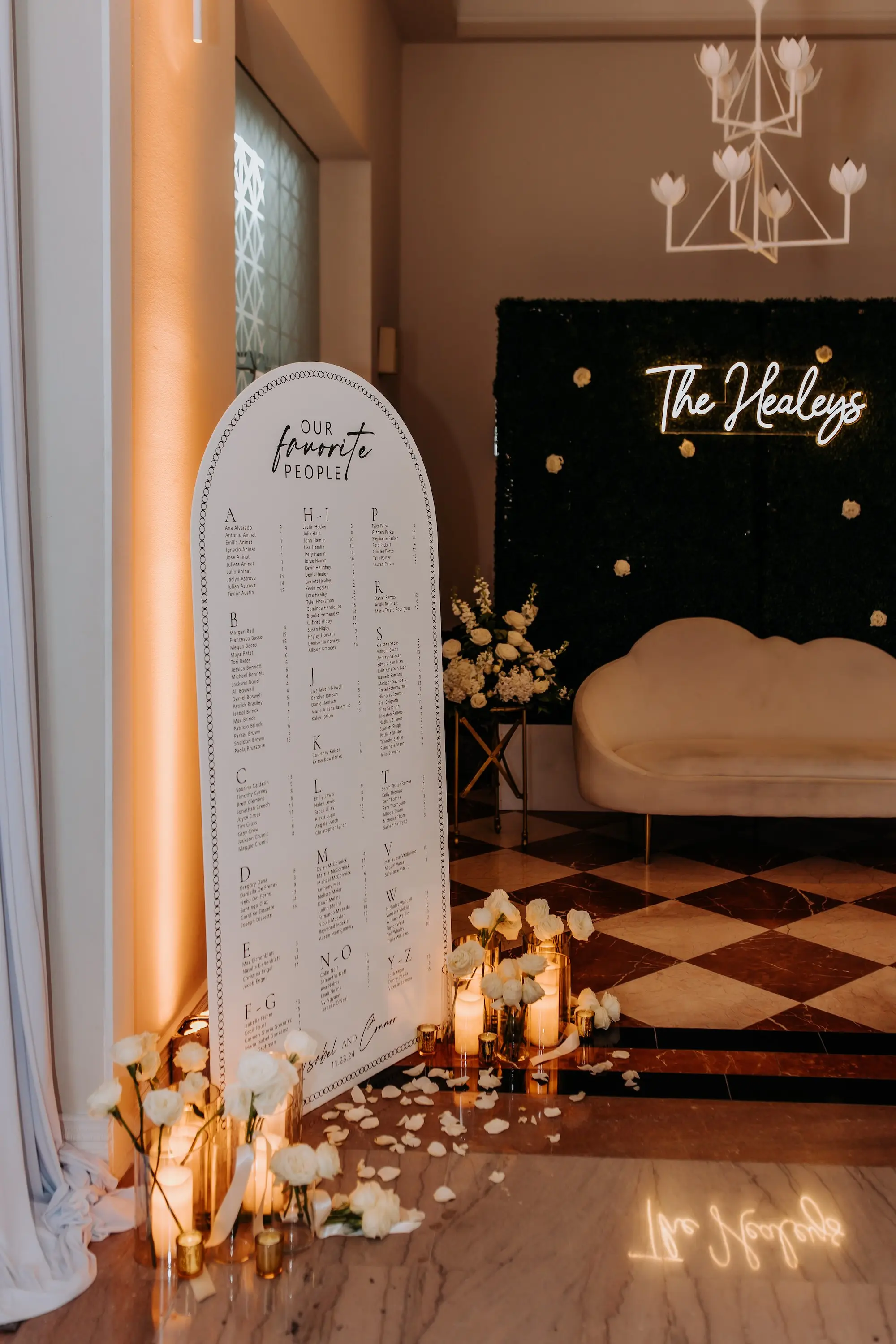 24Modern Black and White Wedding Inspiration - Timeless Black and White Downtown Tampa Wedding | The Vault Romantic Candles and Single Stem White Roses Wedding Reception Decor Inspiration | White and Black Large Card Stock Reception Seating Chart Ideas | Neon Sign on Hedge Wall Decor Inspiration | Tampa Bay Florist Save The Date Florida | Kate Ryan Event Rentals