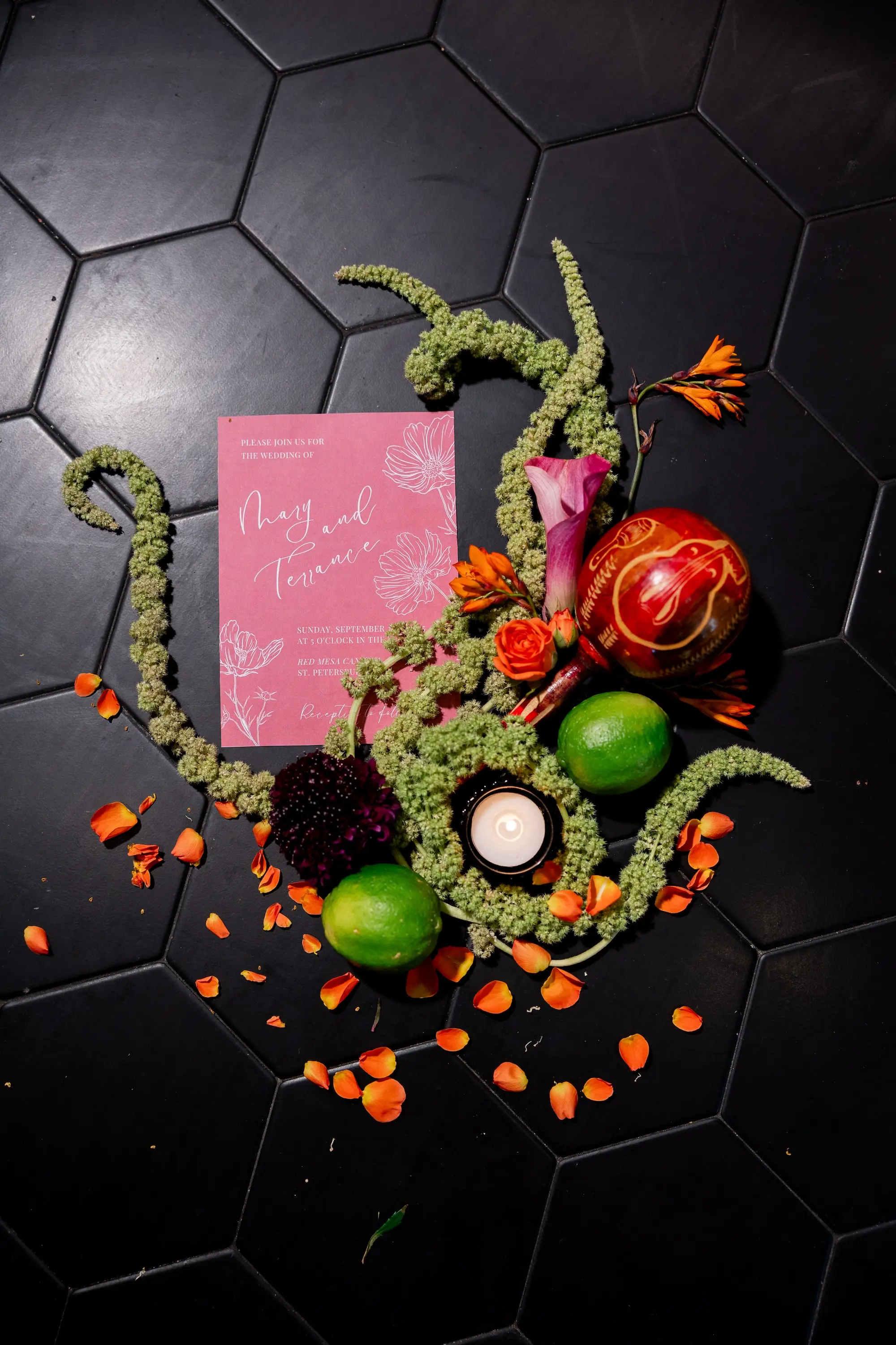 2Vibrant Southwestern Terracotta Pink and Orange Wedding Ideas - Vibrant, Rooftop Wedding Inspiration Shoot | Red Mesa Events Vibrant Pink with White Floral Design Wedding Invitation Suite Inspiration | St Pete Event Planner Coastal Coordinating | Tampa Bay Photographer Pine and Forge Photography