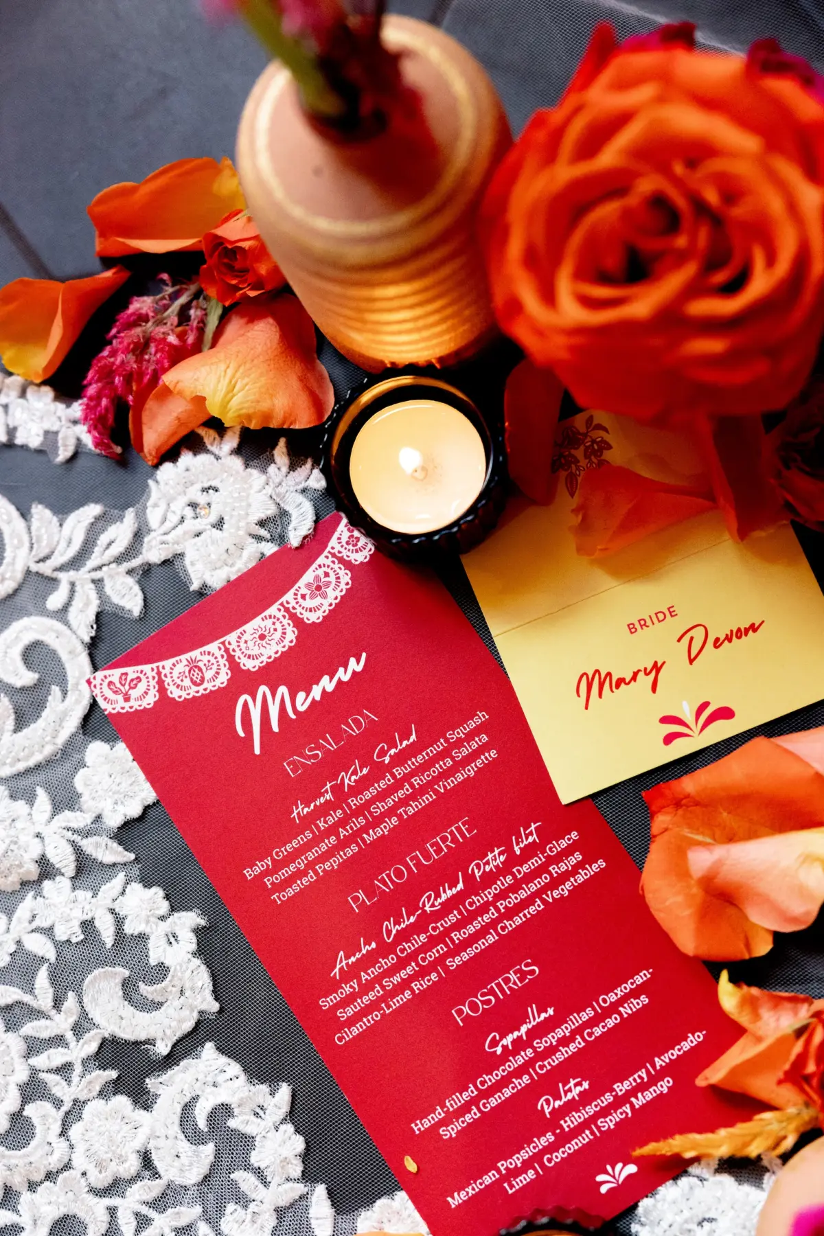 35Vibrant Southwestern Terracotta Pink and Orange Wedding Ideas - Vibrant, Rooftop Wedding Inspiration Shoot | Red Mesa Events Southwestern Mexican Inspired Wedding Reception Inspiration | Red Menu Card with Vibrant Orange Roses Tablescape Decor Ideas | Tampa Bay Florist Save The Date Florida | St Pete Event Planner Coastal Coordinating