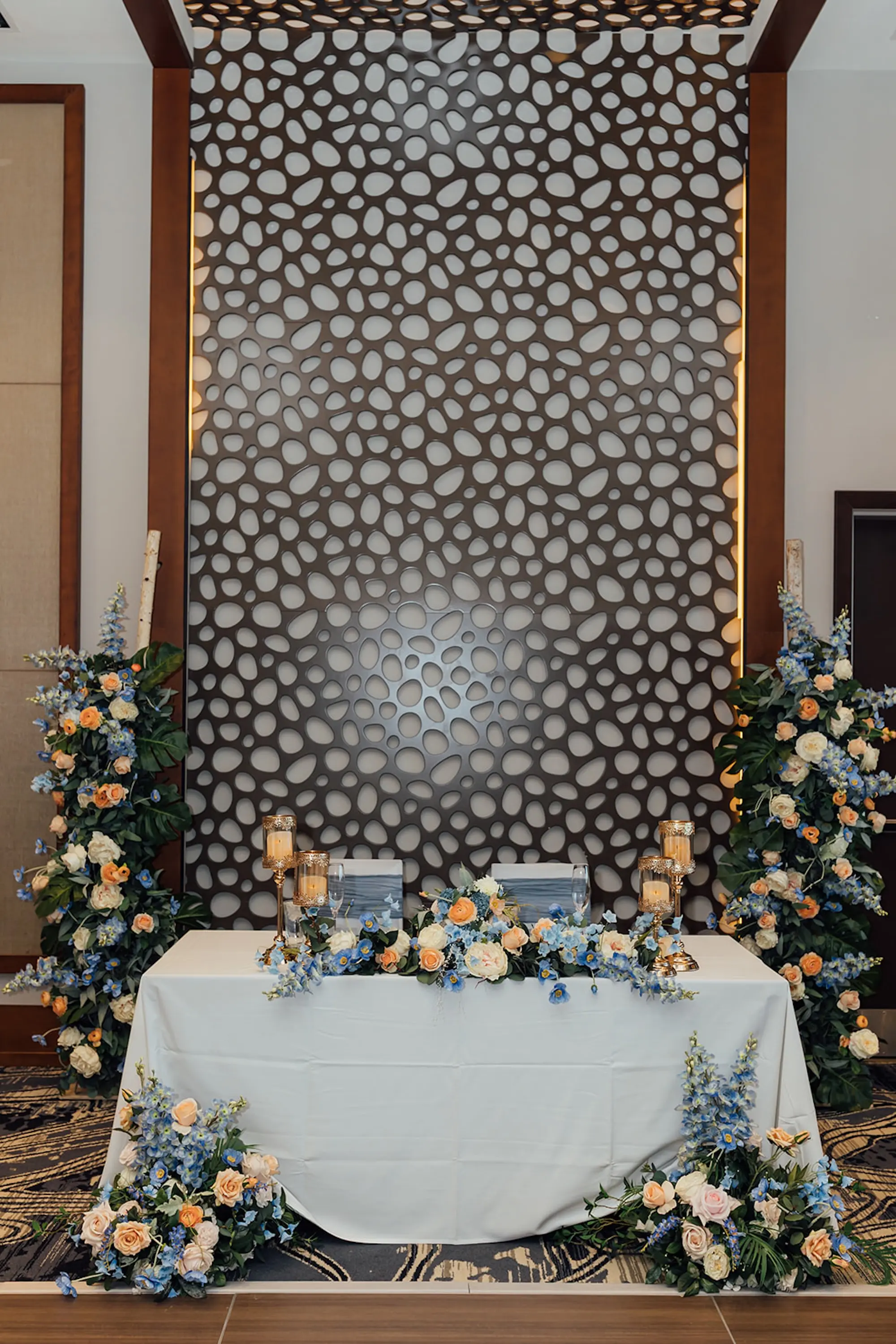 Coastal Peach and Blue Wedding Reception Sweetheart Table Decor Inspiration