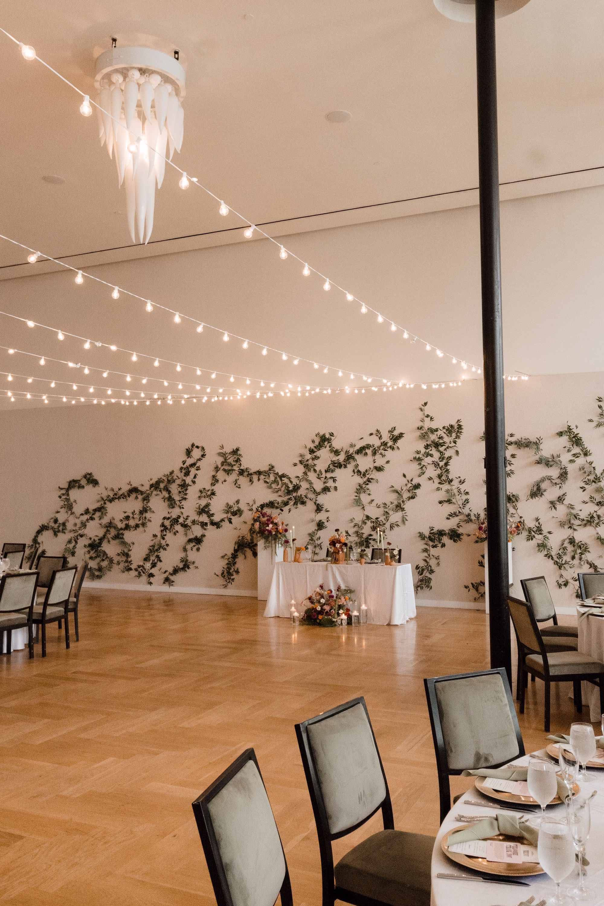 Elegant Urban Ballroom Wedding Reception | Modern Olive Green and Black Chairs | String Lights Ceiling Decor Ideas | Historic Venue Hotel Haya