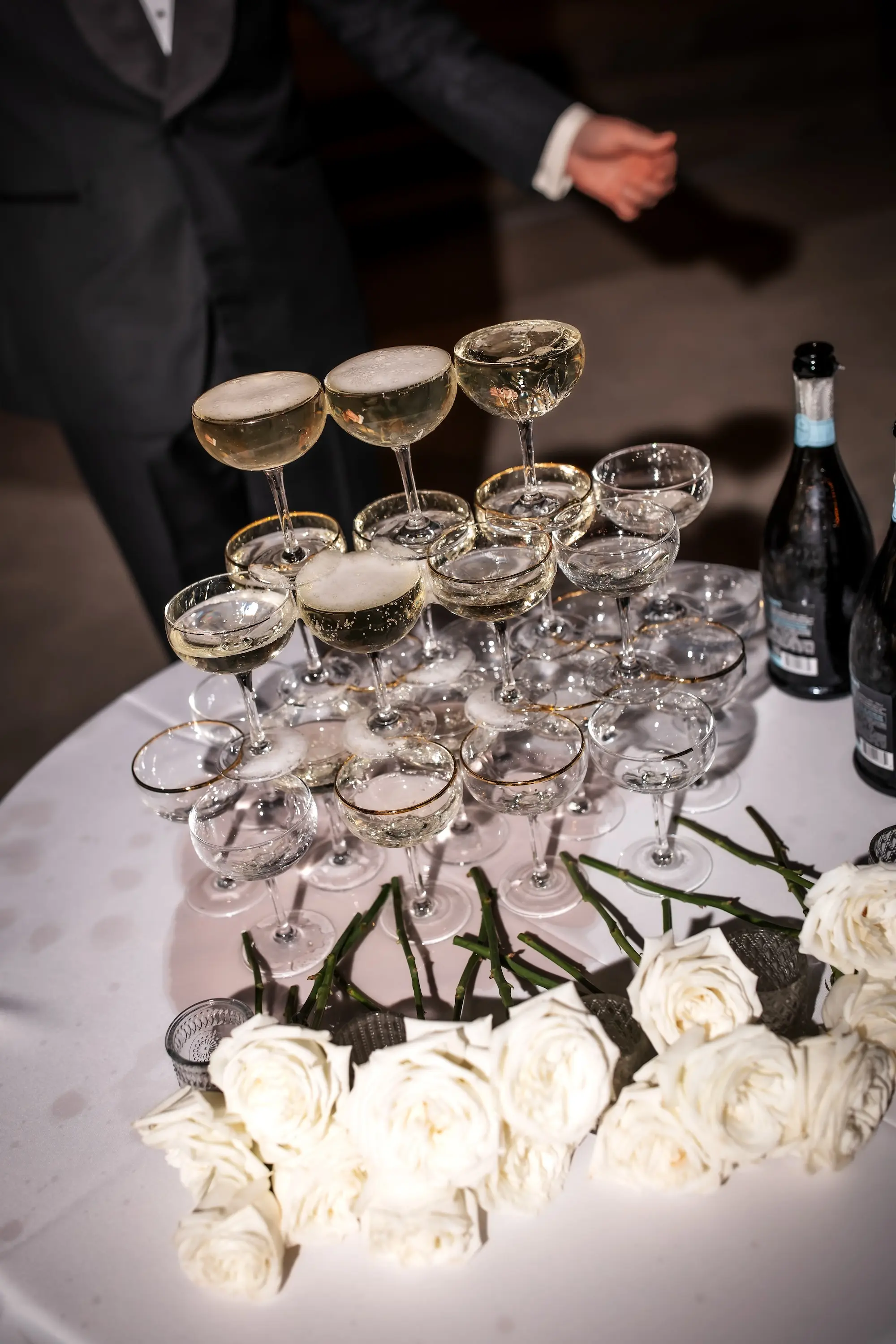 37Modern Black and White Wedding Inspiration - Timeless Black and White Downtown Tampa Wedding | The Vault Classic Black and White Wedding Reception Decor Inspiration | Timeless Champagne Tower Ideas | Single Stem White Roses Decor Inspiration | Tampa Bay Florist Save The Date Florida | Kate Ryan Event Rentals