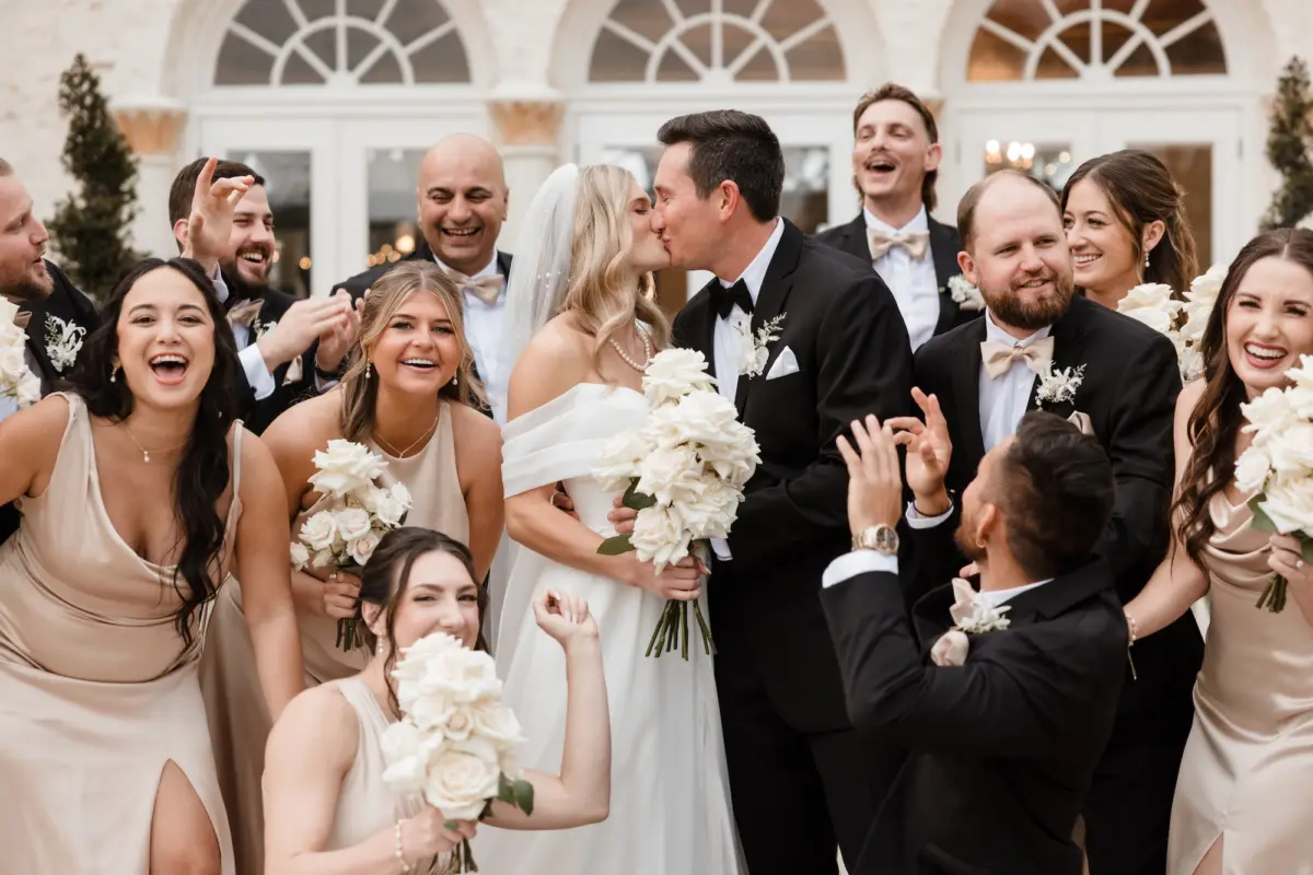 37Timeless Vintage Champagne Wedding Inspiration Evoke Photo and Film - Elegant, Neutral Central Florida Wedding | Bella Cosa Bride and Groom with Wedding Party Portrait