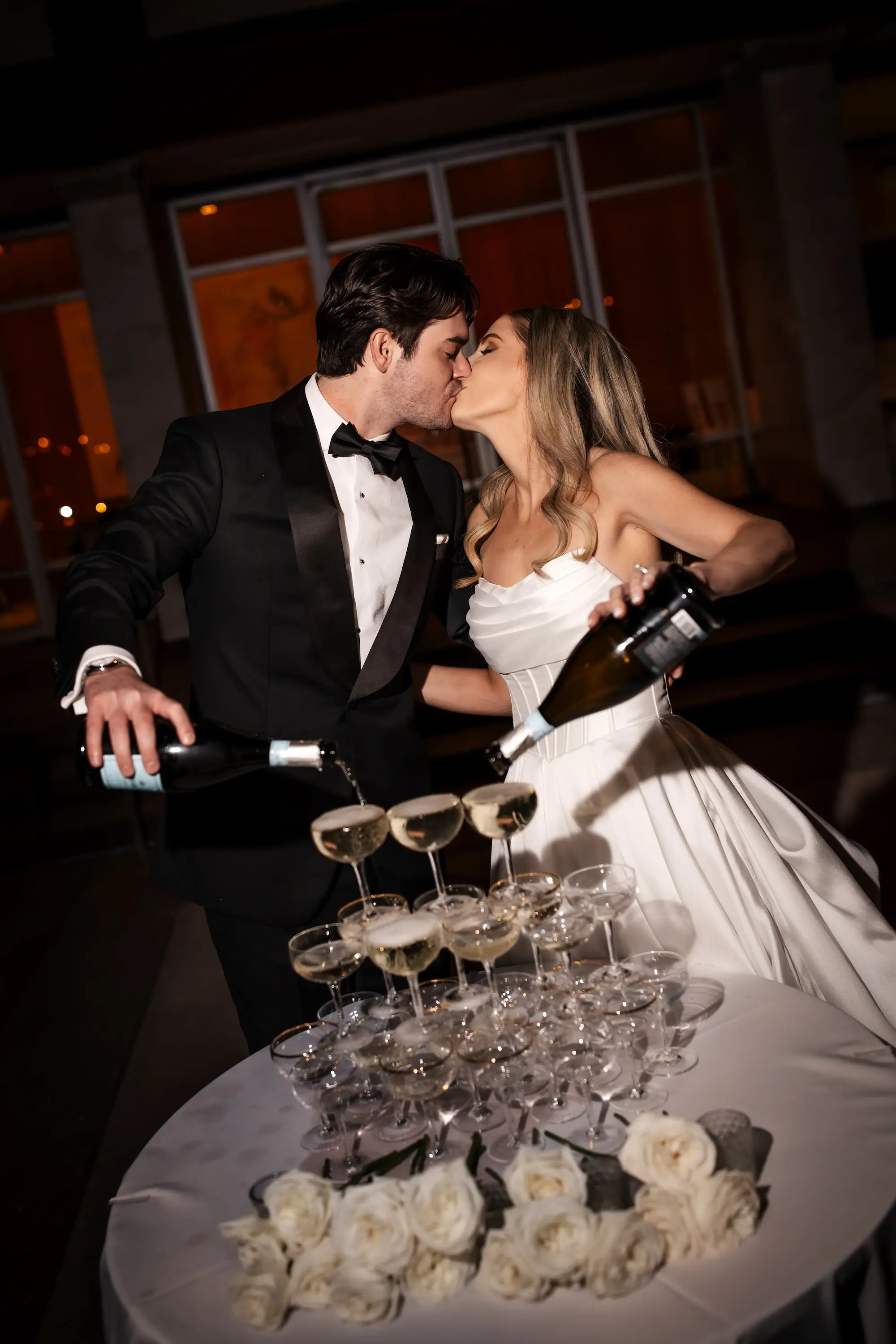 38Modern Black and White Wedding Inspiration - Timeless Black and White Downtown Tampa Wedding | The Vault Bride and Groom Wedding Reception Portrait | Classic Black and White Wedding Reception Decor Inspiration | Timeless Champagne Tower Ideas | Single Stem White Roses Decor Inspiration | Tampa Bay Florist Save The Date Florida | Kate Ryan Event Rentals
