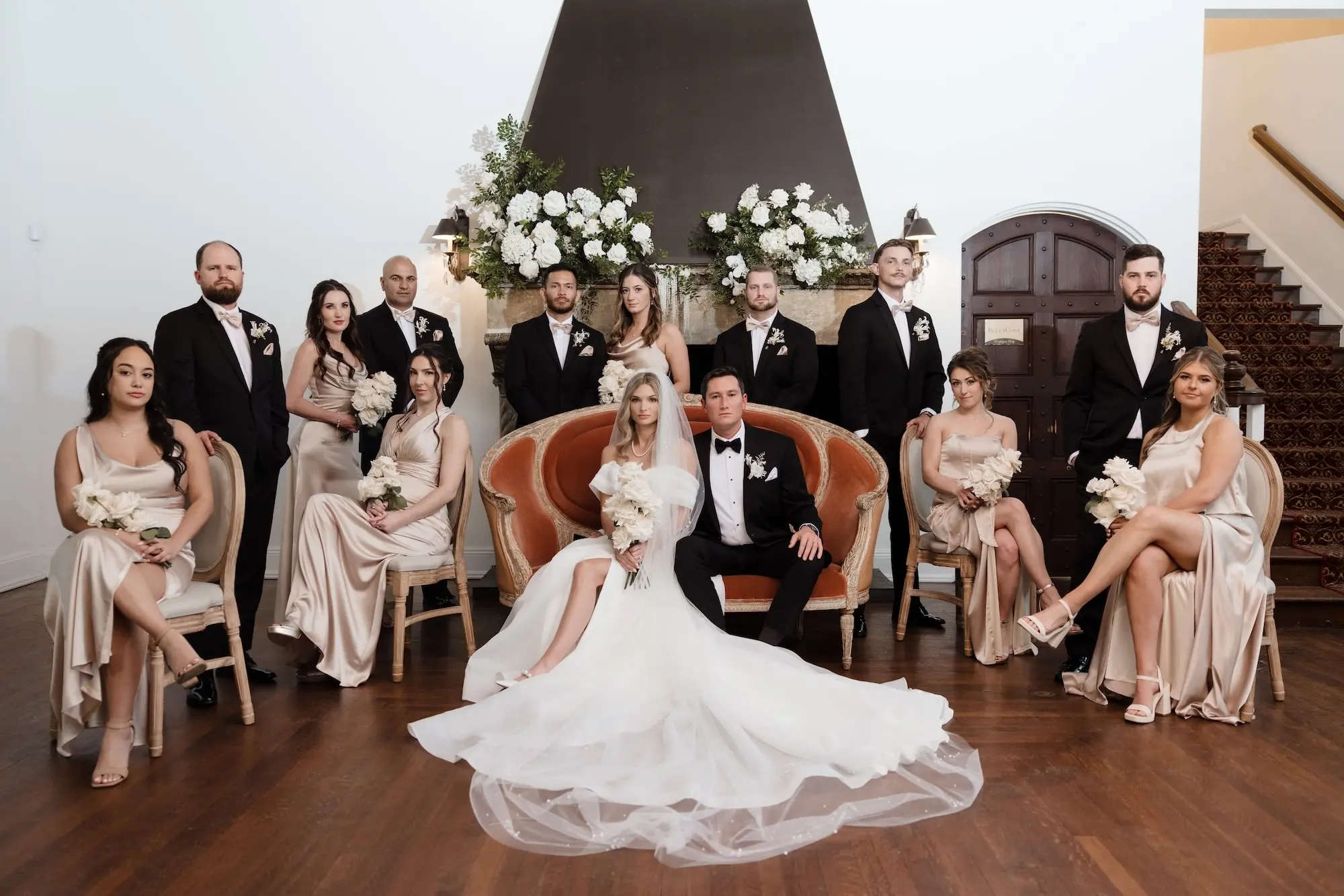 38Timeless Vintage Champagne Wedding Inspiration Evoke Photo and Film - Elegant, Neutral Central Florida Wedding | Bella Cosa Bride and Groom with Wedding Party Portrait
