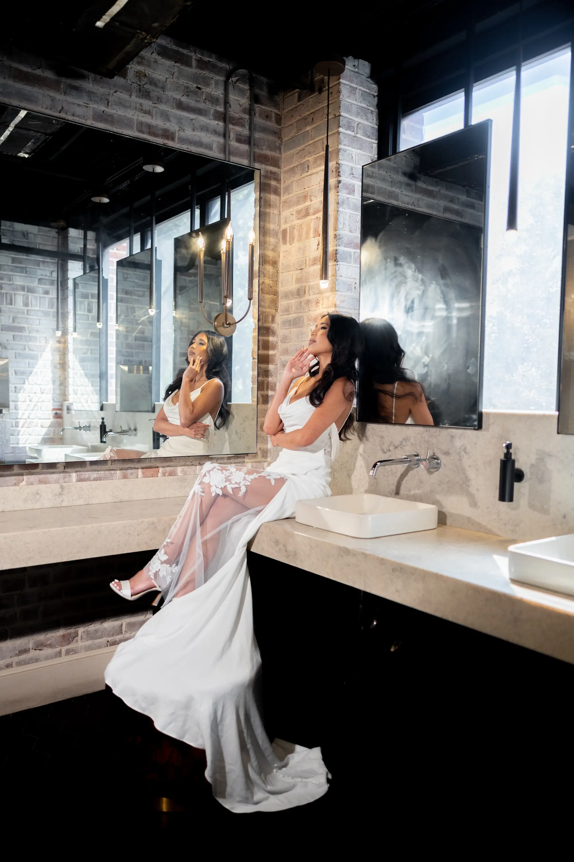4Vibrant Southwestern Terracotta Pink and Orange Wedding Ideas - Vibrant, Rooftop Wedding Inspiration Shoot | Red Mesa Events Bride Getting Ready Wedding Portrait | White Fitted, Fit and Flare Wedding Gown with Front Slit with Lace Ideas | Soft Curled Hair with Natural Glam Makeup Inspiration | Tampa Bay Photographer Pine and Forge Photography | Downtown St Pete Event Venue Red Mesa Events | Tampa Bay Boutique Truly Forever Bridal | Sarasota Hair and Makeup Artist Femme Akoi Beauty Studio | Content Creator Behind The Vows