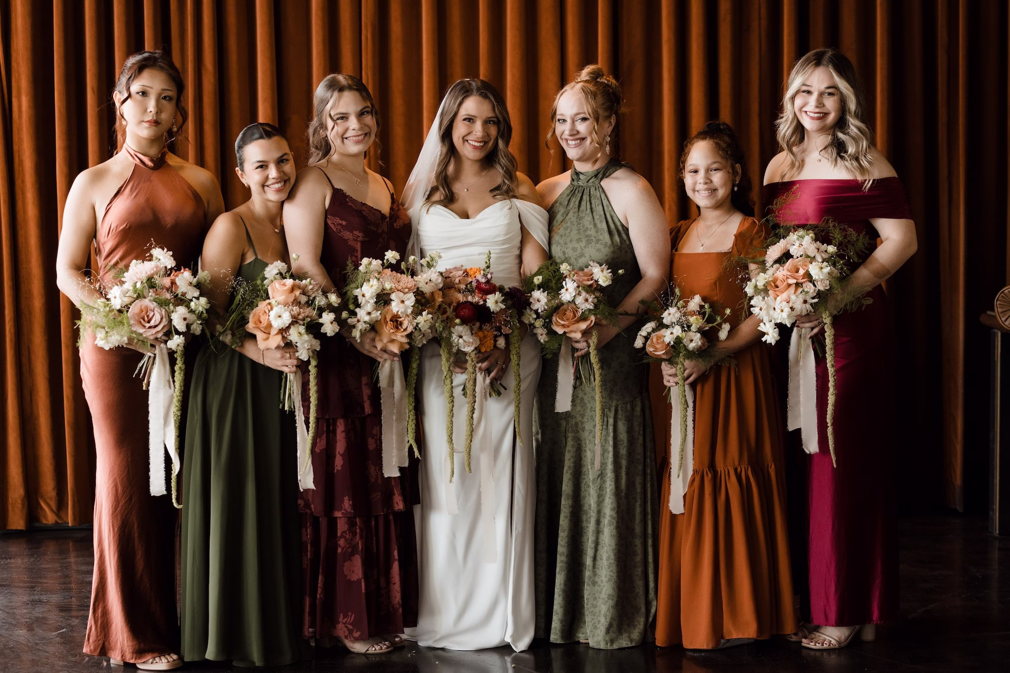 Bride and Bridesmaids Wedding Portrait | Mismatched Fall Color Bridesmaid Dresses Inspiration | Tampa Bay Photographer Evoke Photo and Film