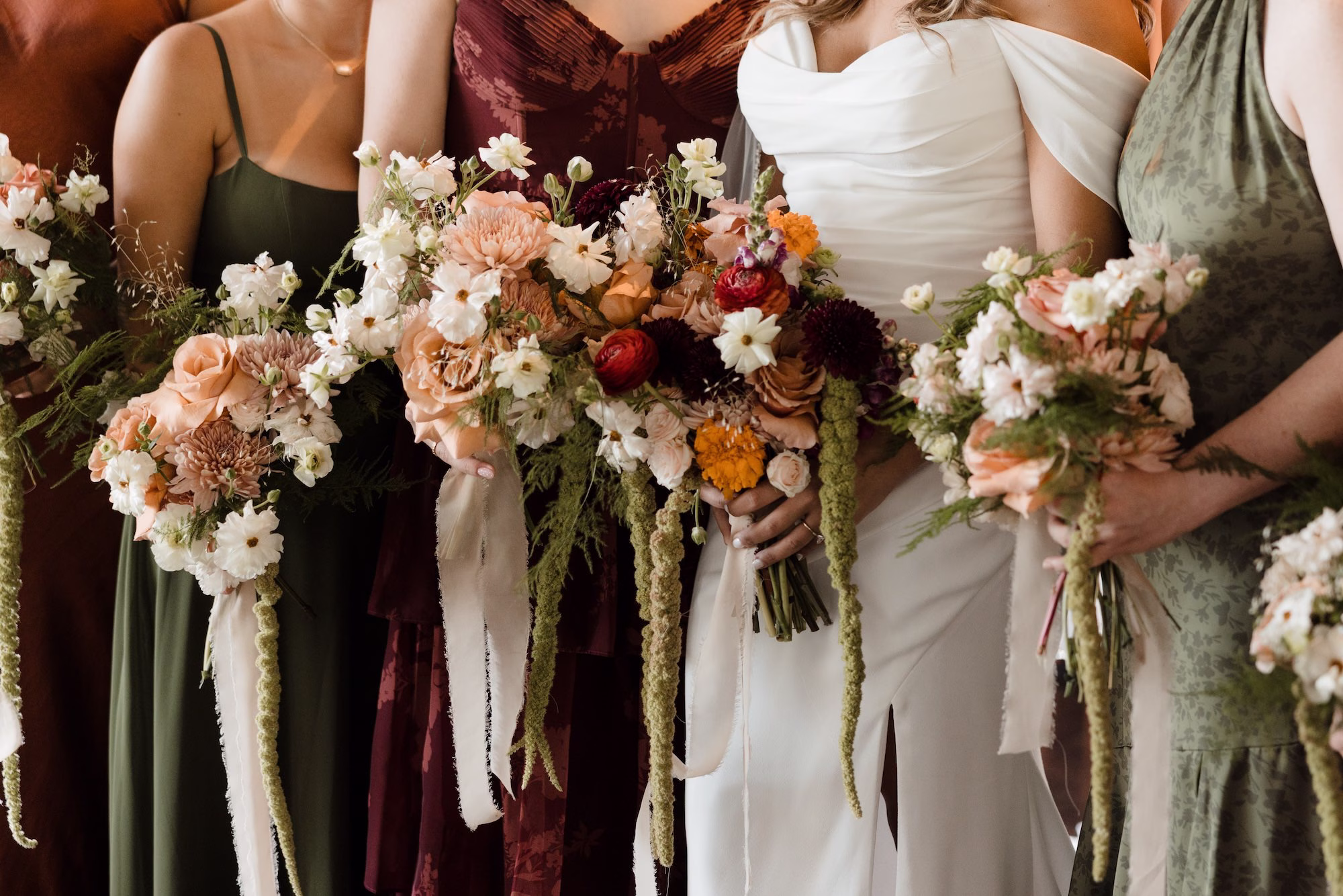 Bride and Bridesmaid Wedding Portrait | Fall Color White, Dusty Rose, Deep Maroon, Olive Green Romantic Garden Bridal Bridesmaid Bouquet Inspiration | Tampa Bay Photographer Evoke Photo and Film