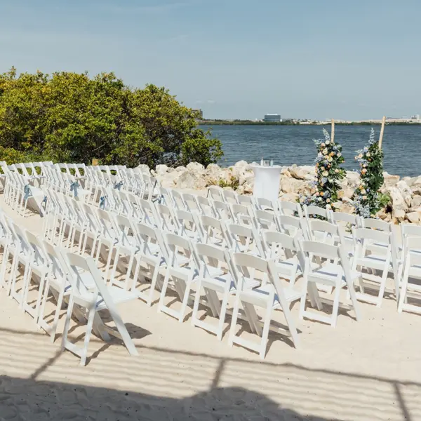 Coastal Peach and Blue Waterfront Wedding Ceremony Decor Ideas | Tampa Bay Event Venue The Current