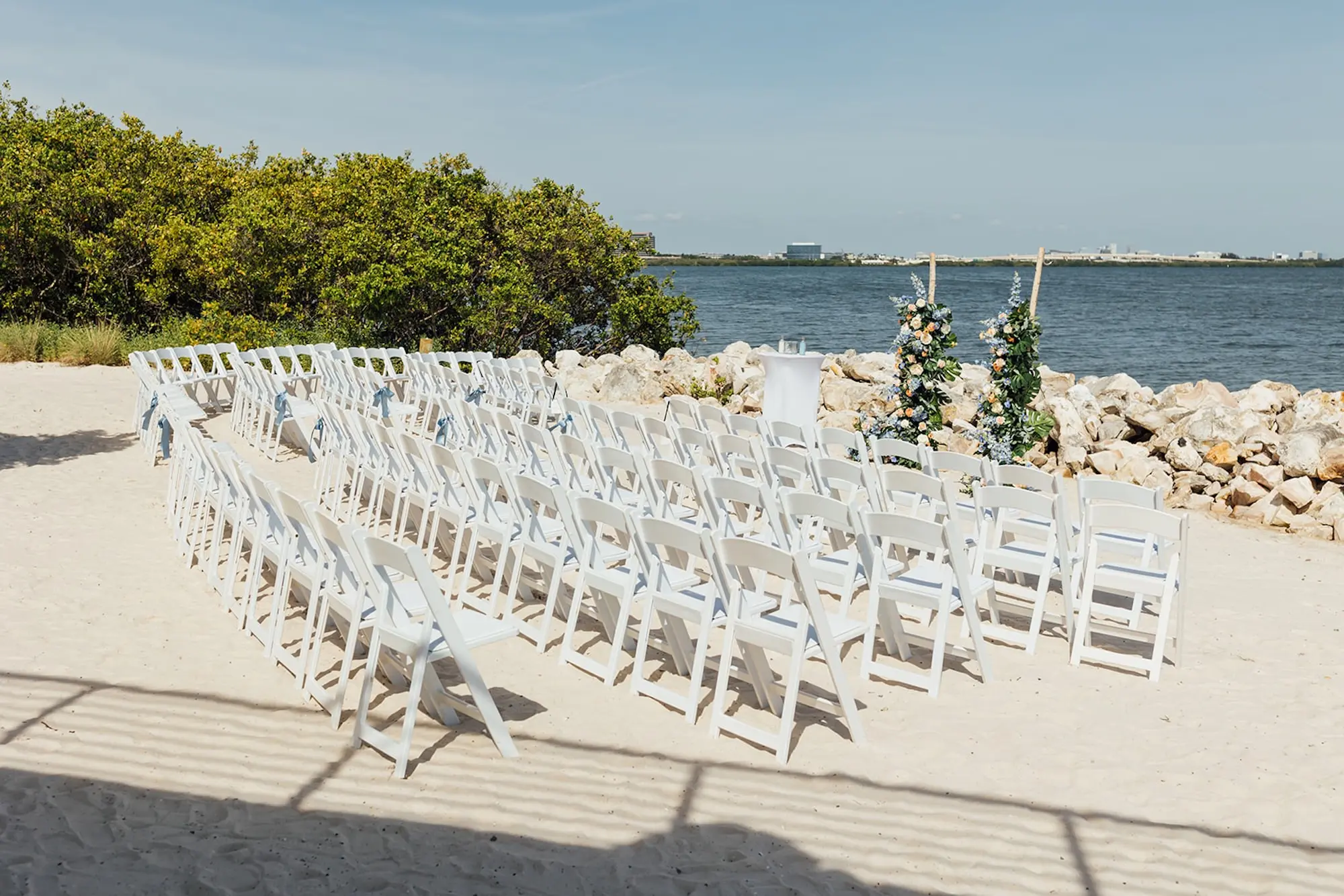 Coastal Peach and Blue Waterfront Wedding Ceremony Decor Ideas | Tampa Bay Event Venue The Current