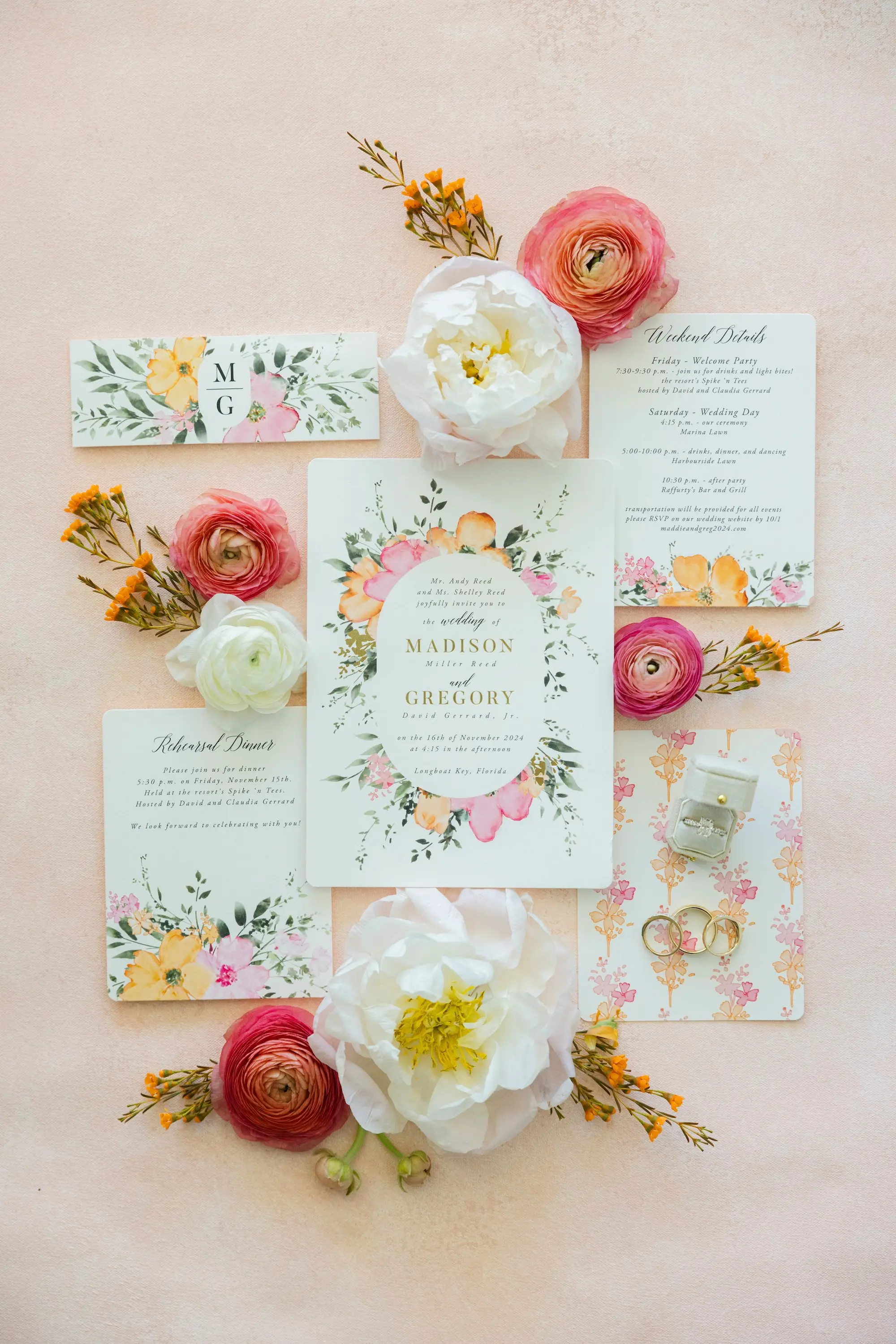1Tropical Red and Orange Outdoor Florida Destination Wedding - Tropical Outdoor Sarasota Wedding | The Resort at Longboat Key Club Tropical Pink and Orange Wedding Invitation Suite Inspiration
