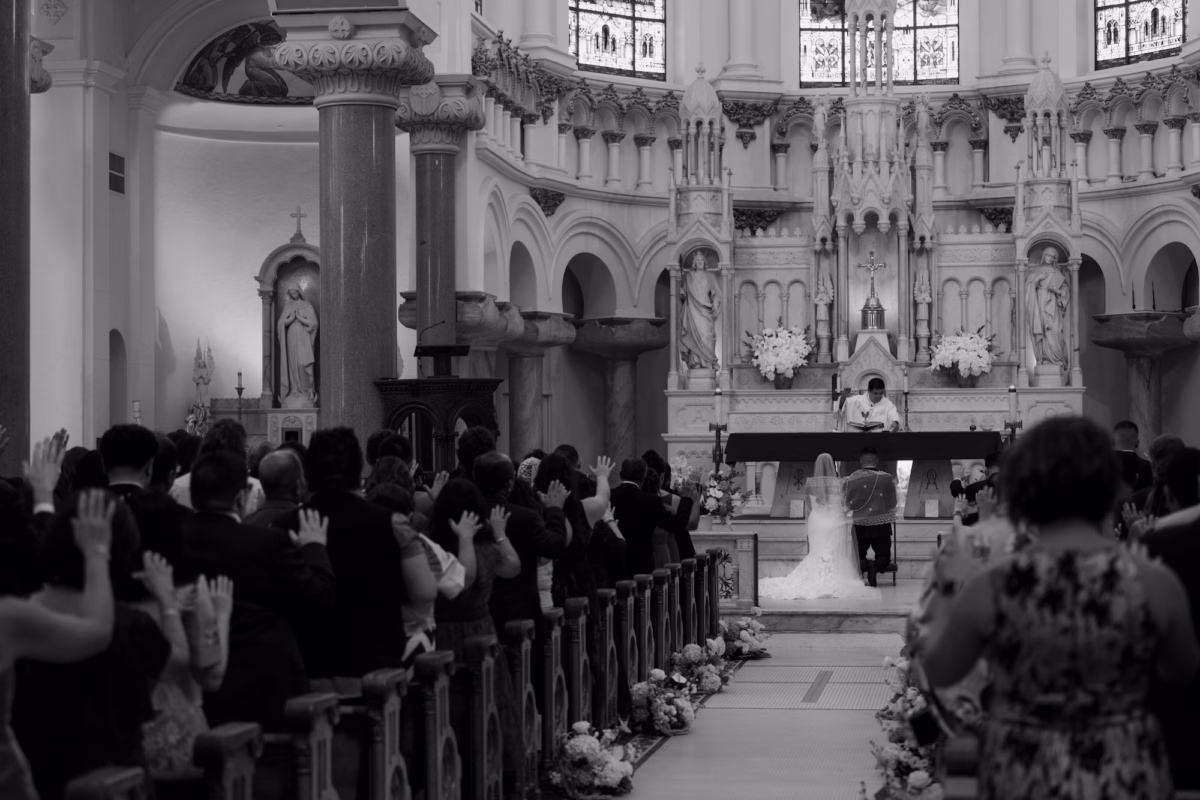 Black and White Bride and Groom Wedding Ceremony Vow Exchange Wedding Portrait | Sacred Heart Catholic Church Wedding Ceremony Venue | Traditional Catholic Wedding Church Venue Inspiration | Tampa Bay Photographer and Videographer J&S Media Wedding Films & Photo