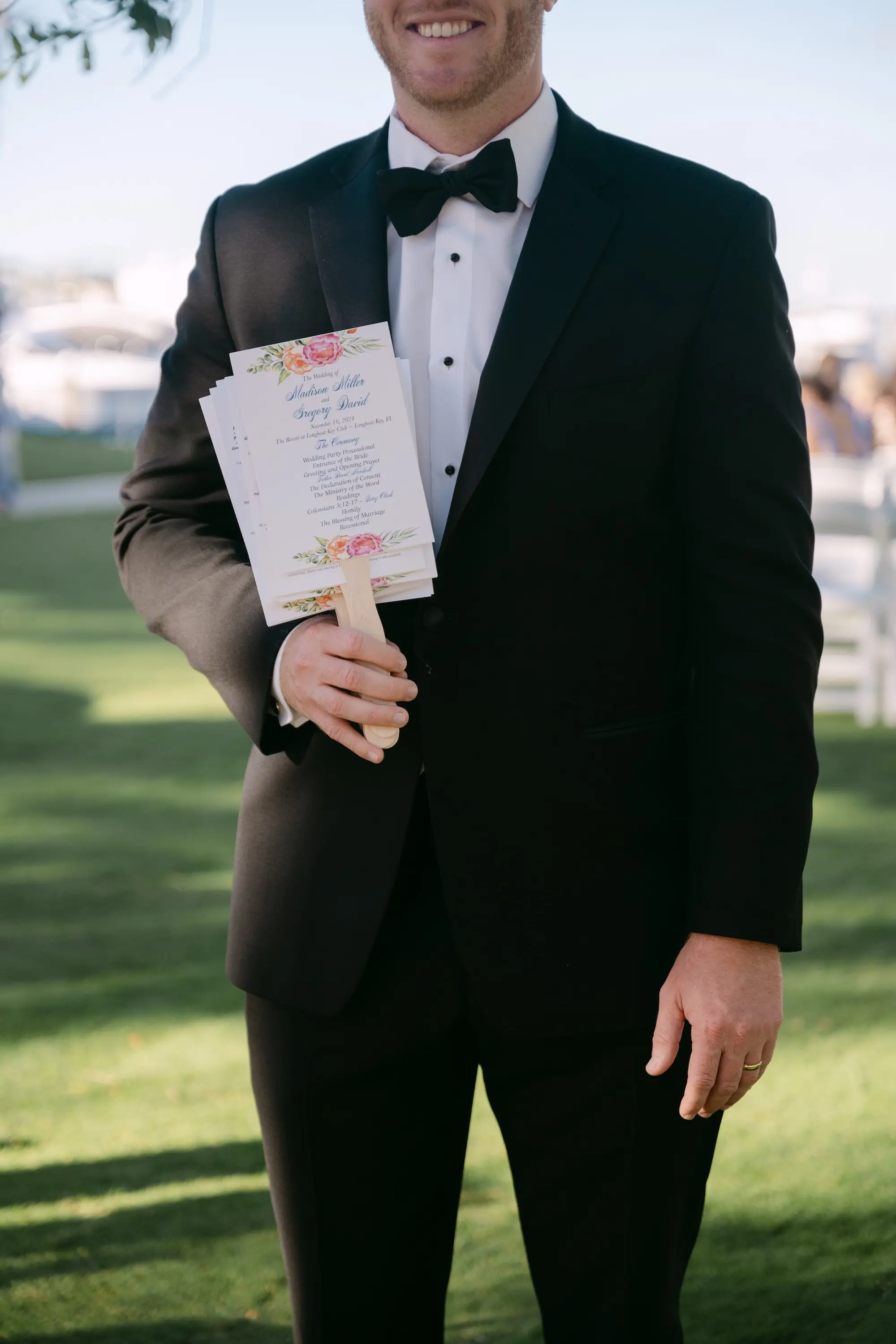 24Tropical Red and Orange Outdoor Florida Destination Wedding - Tropical Outdoor Sarasota Wedding | The Resort at Longboat Key Club Wedding Ceremony Program Fan Ideas