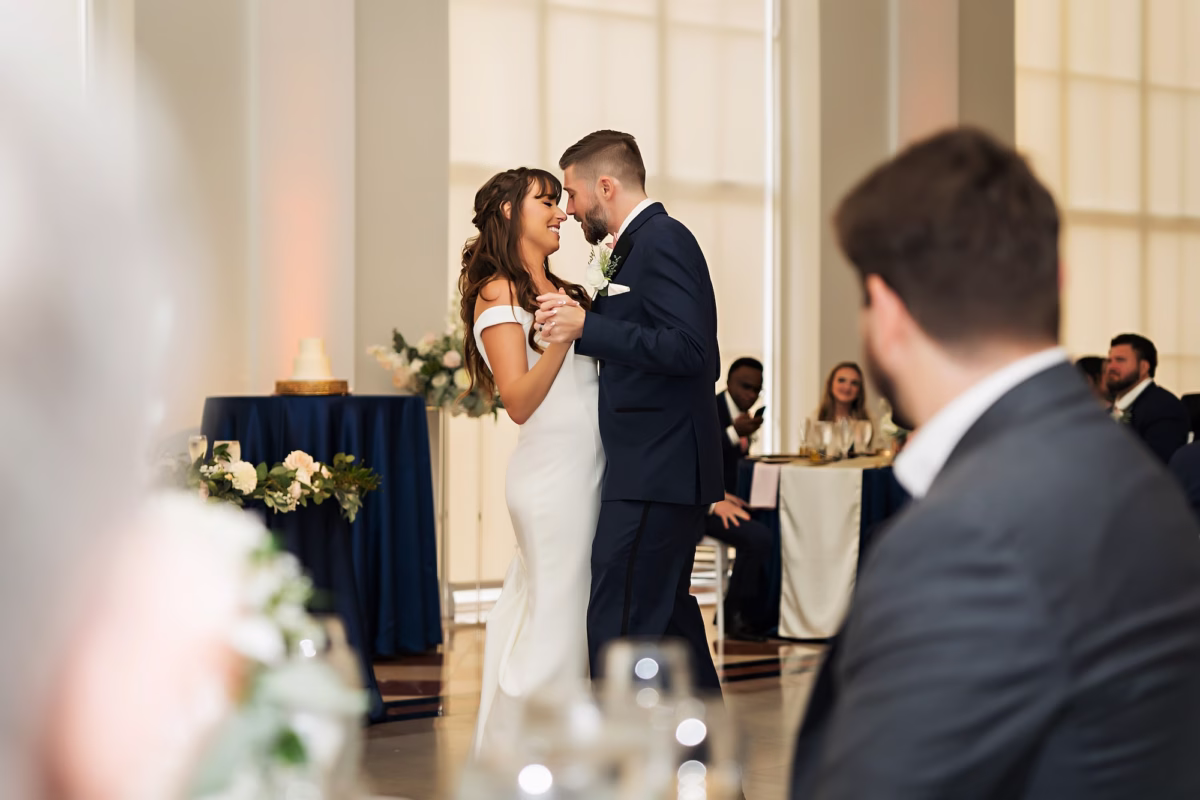 26Elegant Navy Blue and Blush PInk Wedding Ideas - Elegant, Navy and Blush Downtown Tampa Wedding | The Vault Bride and Groom First Dance Wedding Portrait | Tampa Bay DJ Events Done Right | Tampa Bay Photographer Limelight Photography | Historic Downtown Tampa Wedding Venue The Vault