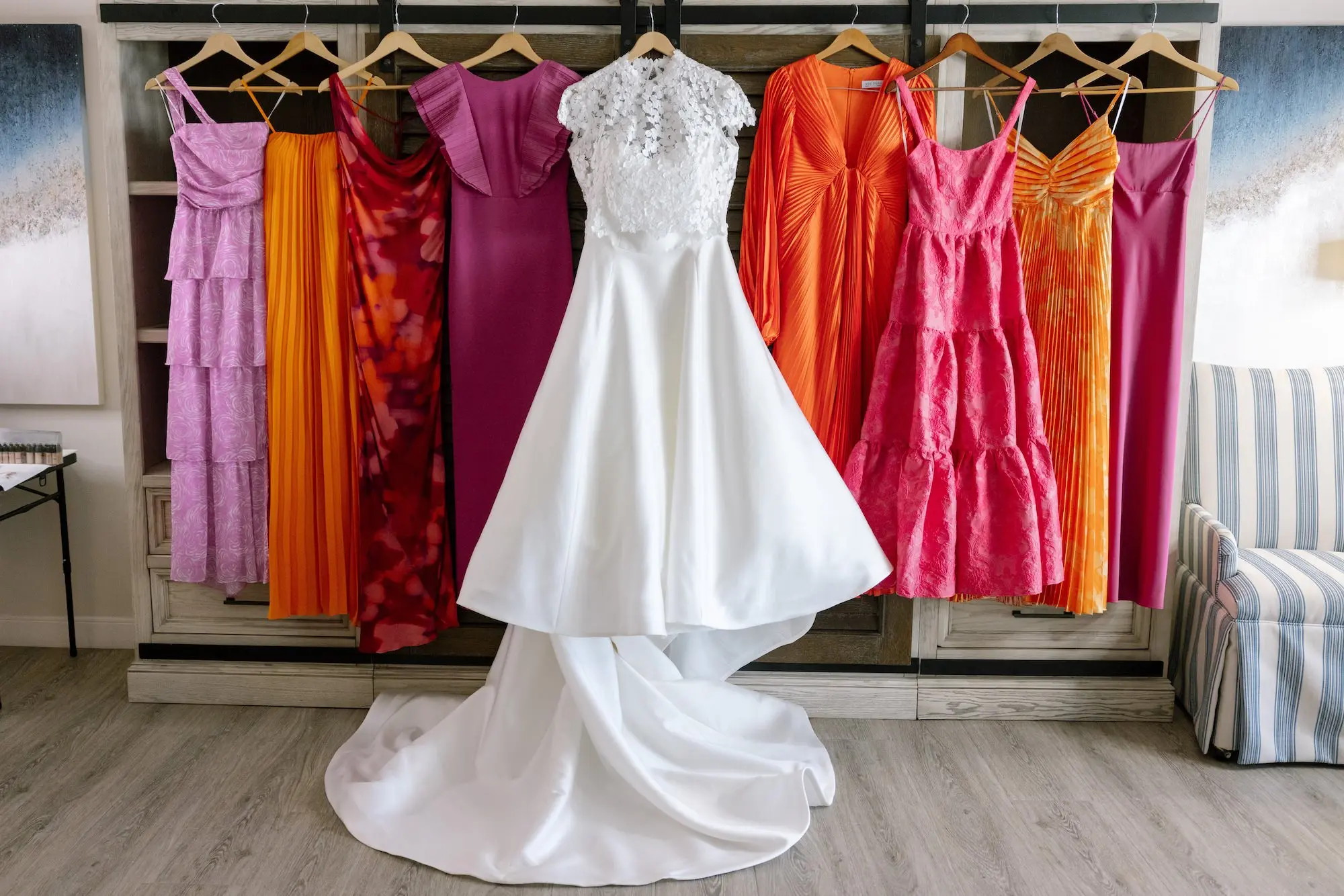 2Tropical Red and Orange Outdoor Florida Destination Wedding - Tropical Outdoor Sarasota Wedding | The Resort at Longboat Key Club Tropical Pink and Orange Bridesmaid Dresses | White Wedding Dress Ideas
