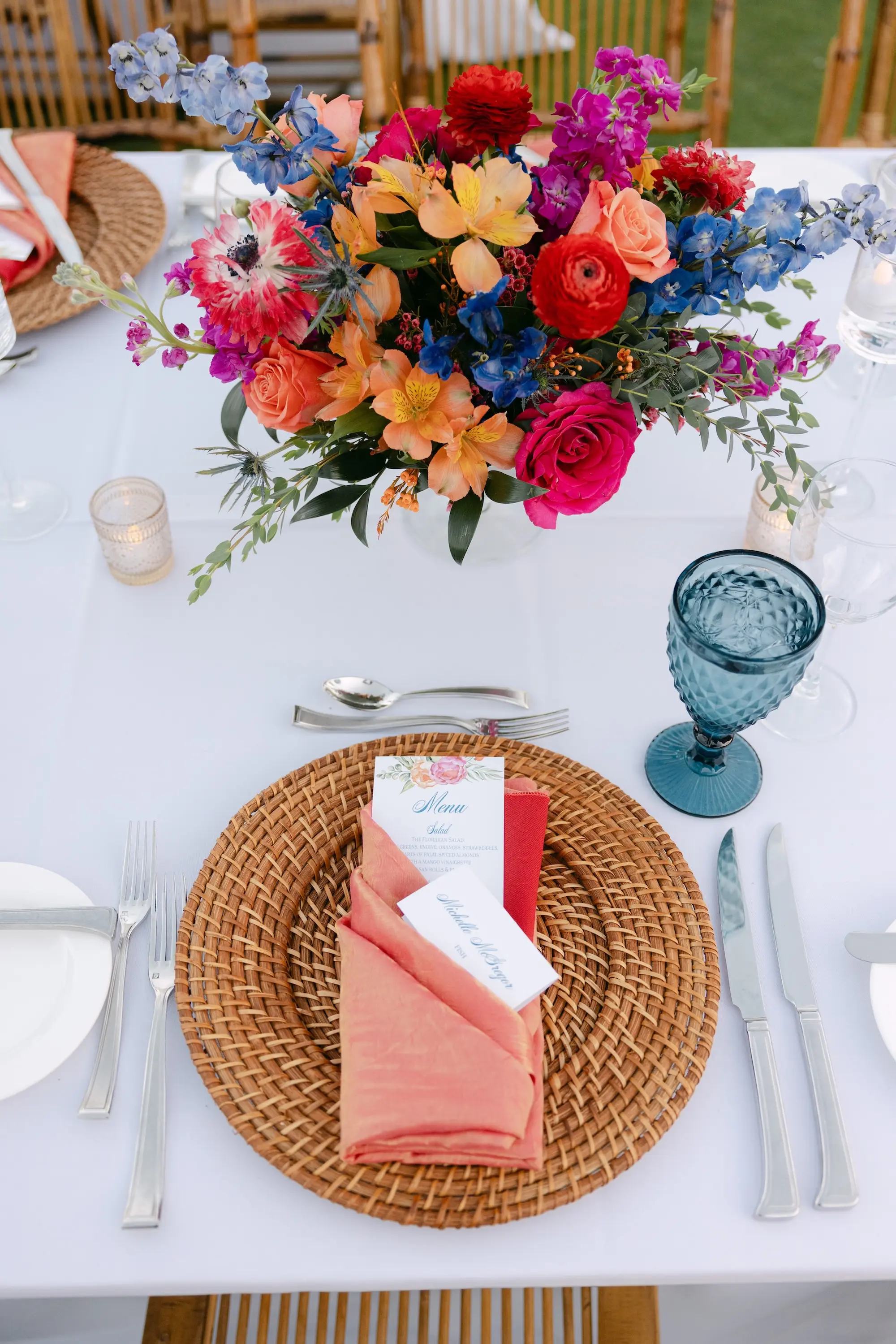 43Tropical Red and Orange Outdoor Florida Destination Wedding - Tropical Outdoor Sarasota Wedding | The Resort at Longboat Key Club Tropical Red and Orange Outdoor Wedding Reception Place Setting Decor Inspiration