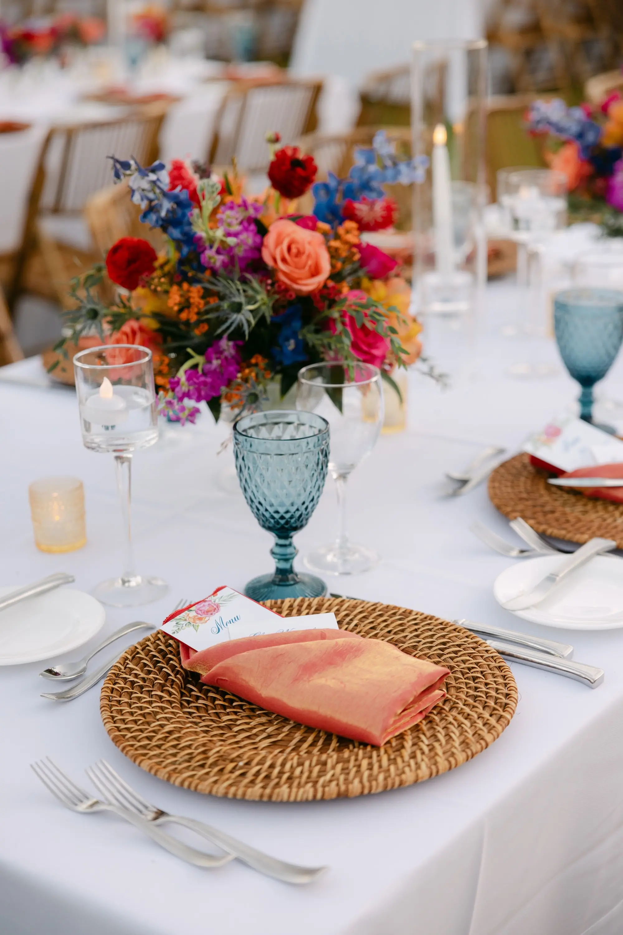 46Tropical Red and Orange Outdoor Florida Destination Wedding - Tropical Outdoor Sarasota Wedding | The Resort at Longboat Key Club Tropical Red and Orange Outdoor Wedding Reception Place Setting Decor Inspiration